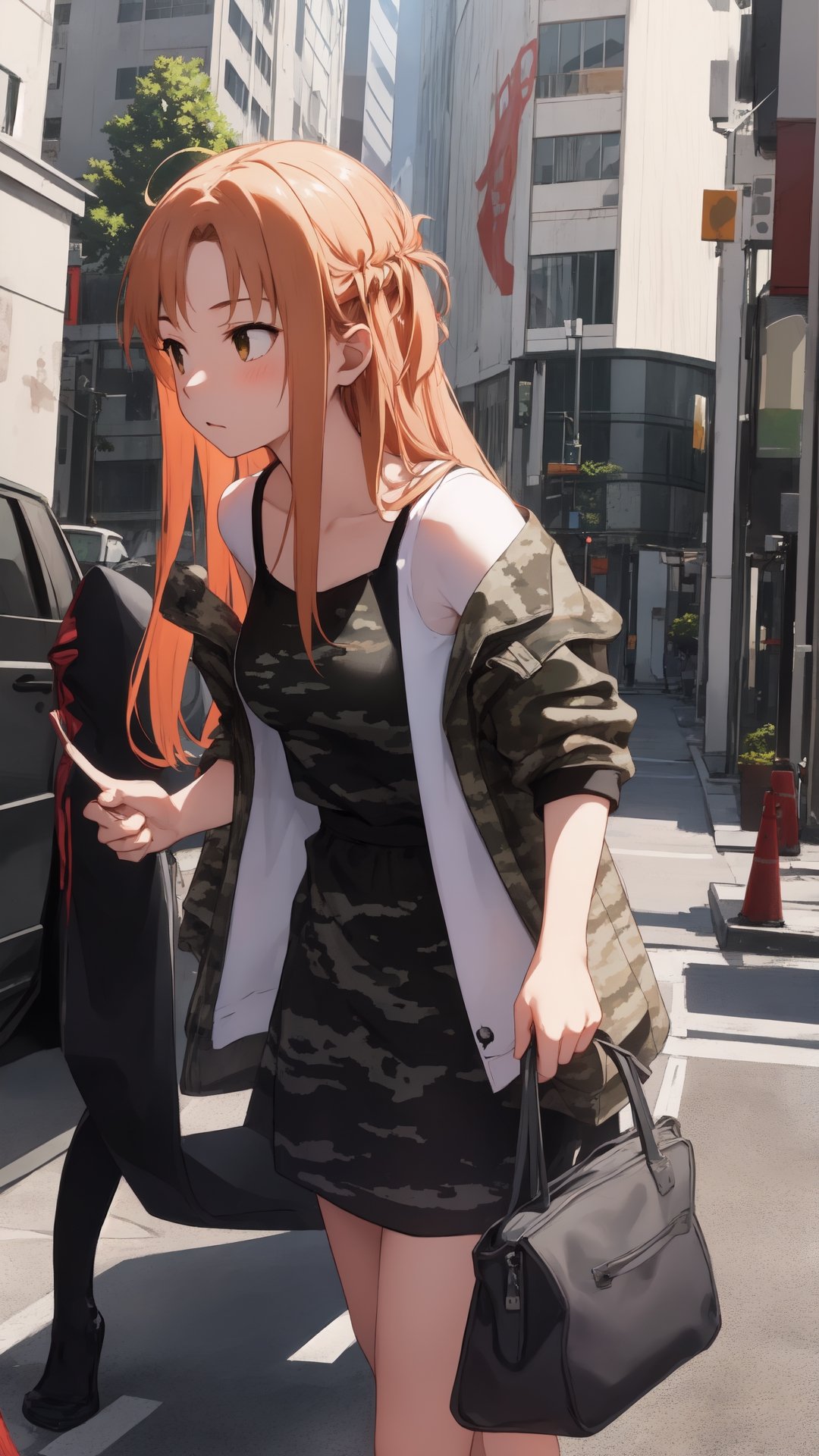 high_school_girl, SAM YANG, disheveled, aaasuna, perfect hands, wear Camouflage, in a modern city