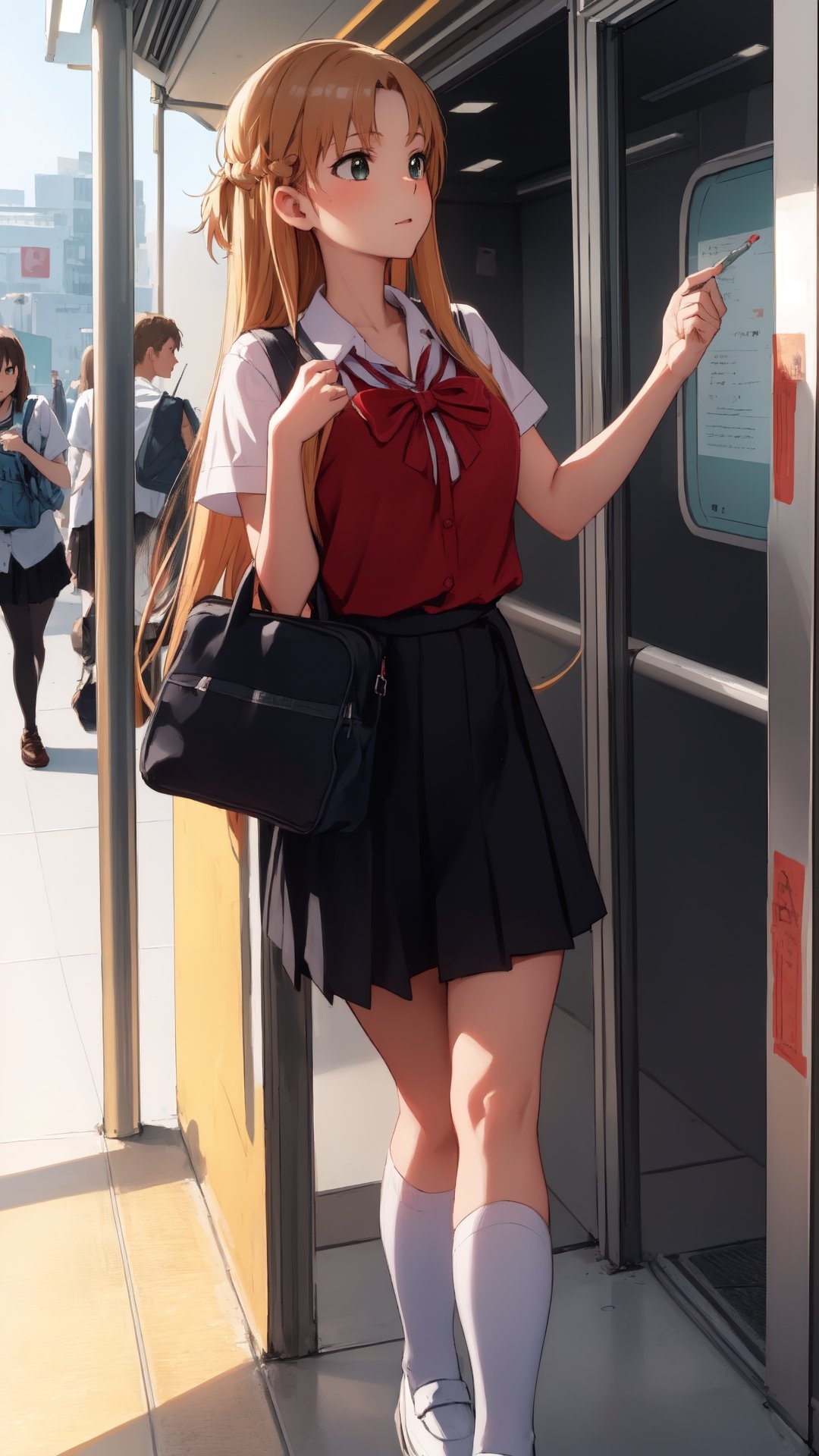 high_school_girl, SAM YANG, disheveled, aaasuna, perfect hands, , in a modern world, medium_breasts, school_uniforms, taking a Subway, schoolbag, go to school