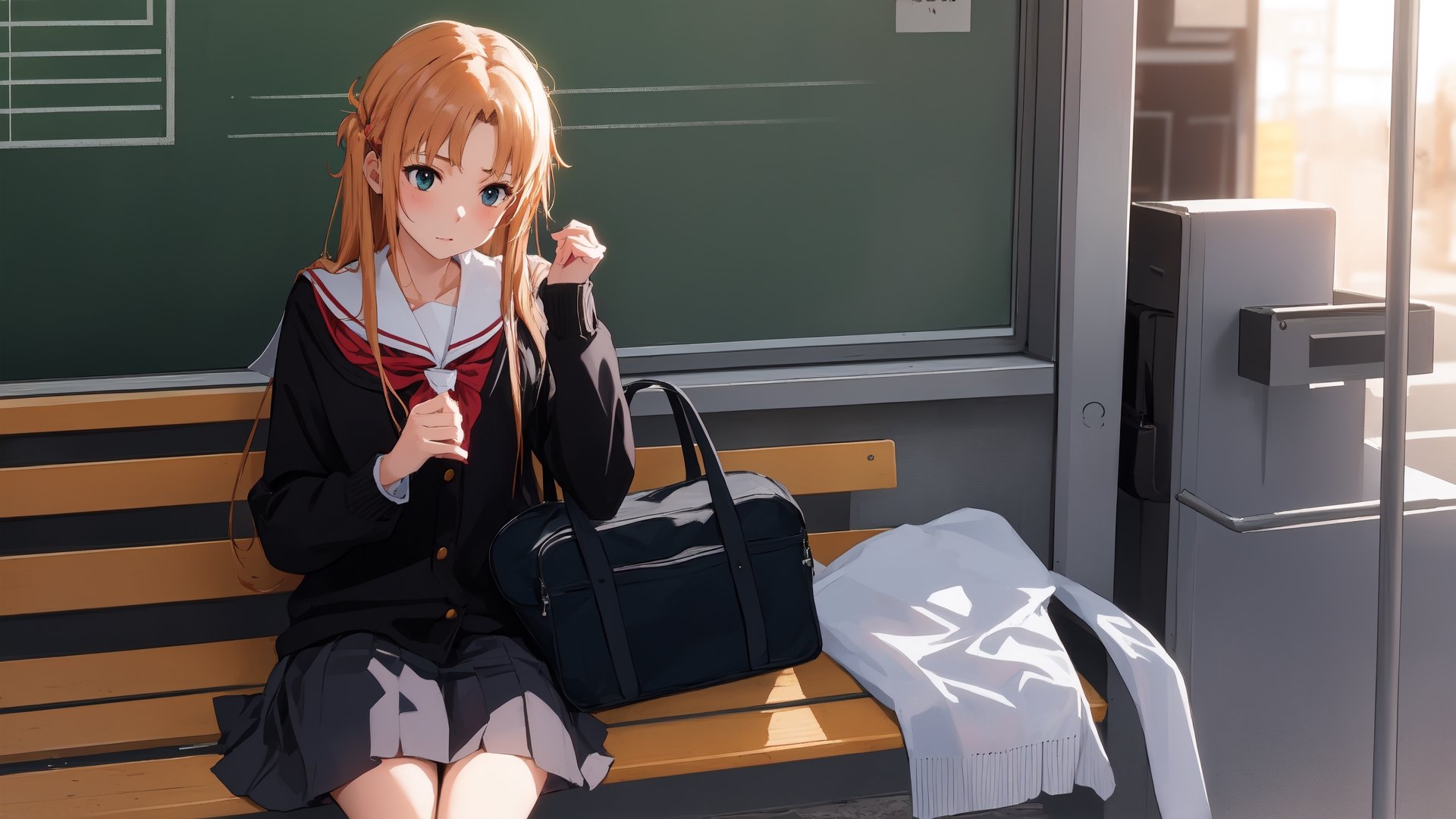 high_school_girl, SAM YANG, disheveled, aaasuna, perfect hands, , in a modern world, medium_breasts, school_uniforms, waiting fo bus, schoolbag, go to school