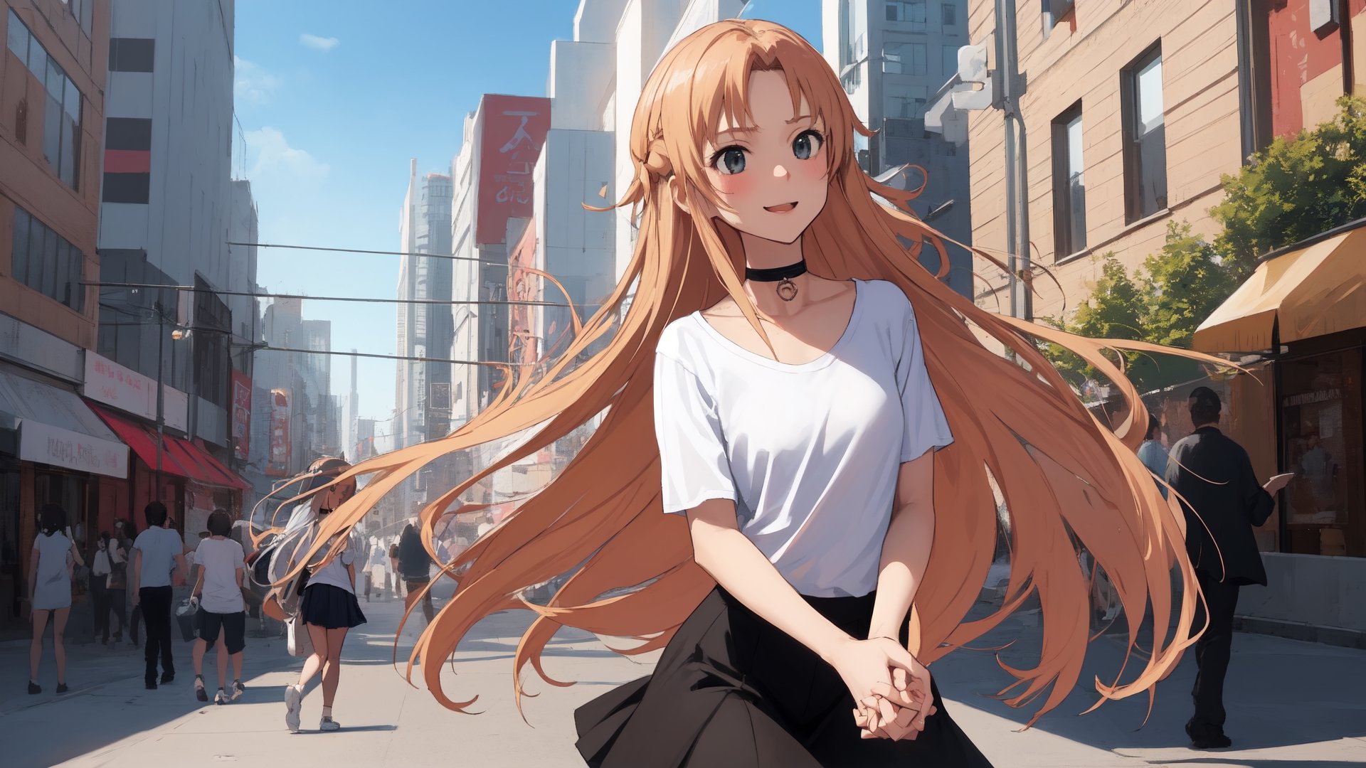 high_school_girl, SAM YANG, disheveled, aaasuna, perfect hands, , in a modern world, city, medium_breasts, happy, sexy, wearing_long_t-shirt, skirt, black Choker