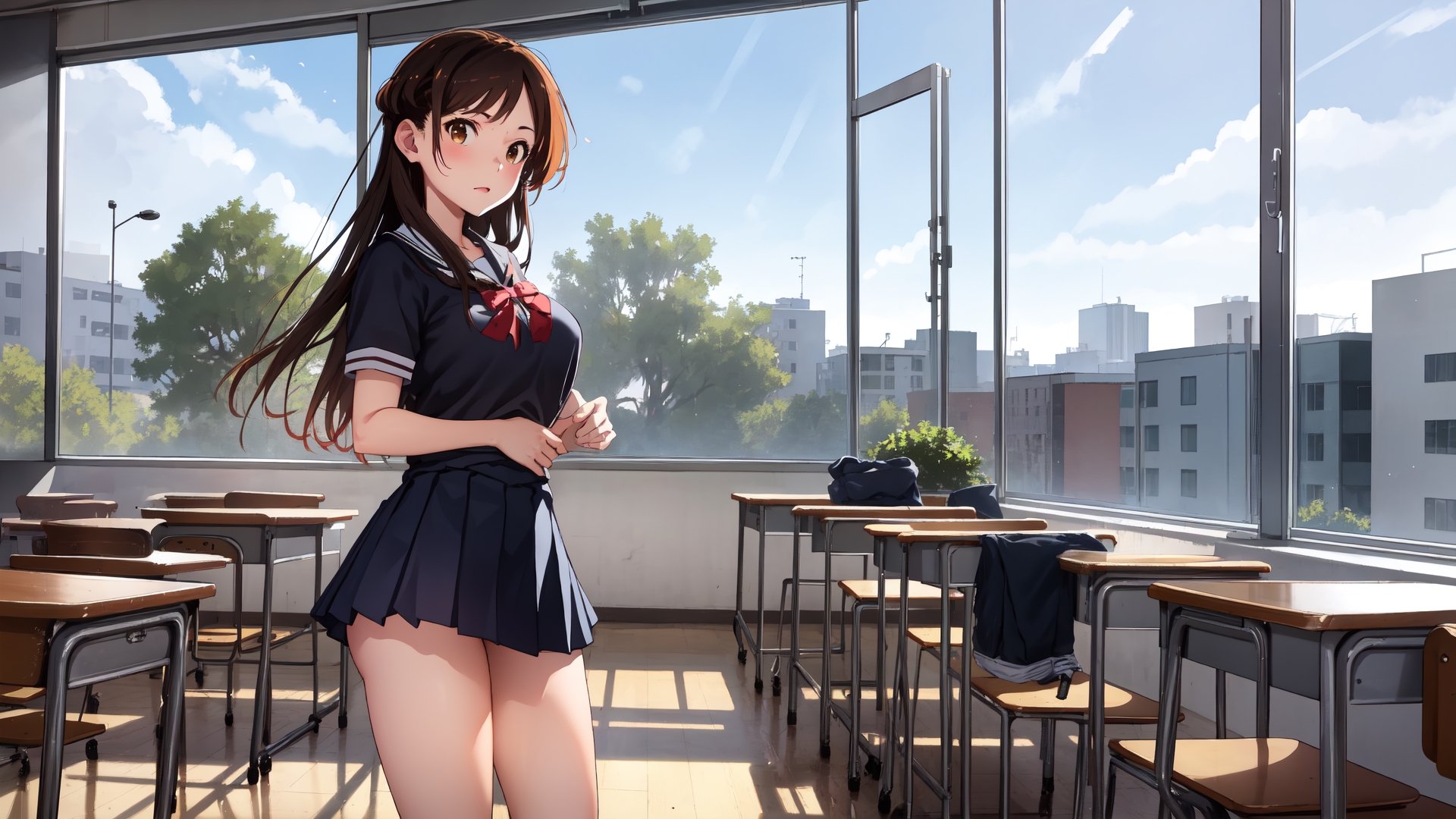 in a modern city and wearing a school uniform girl with long beautiful high_school_girl,SAM YANG, class_room, sports_uniform , mizuhara_chizuru