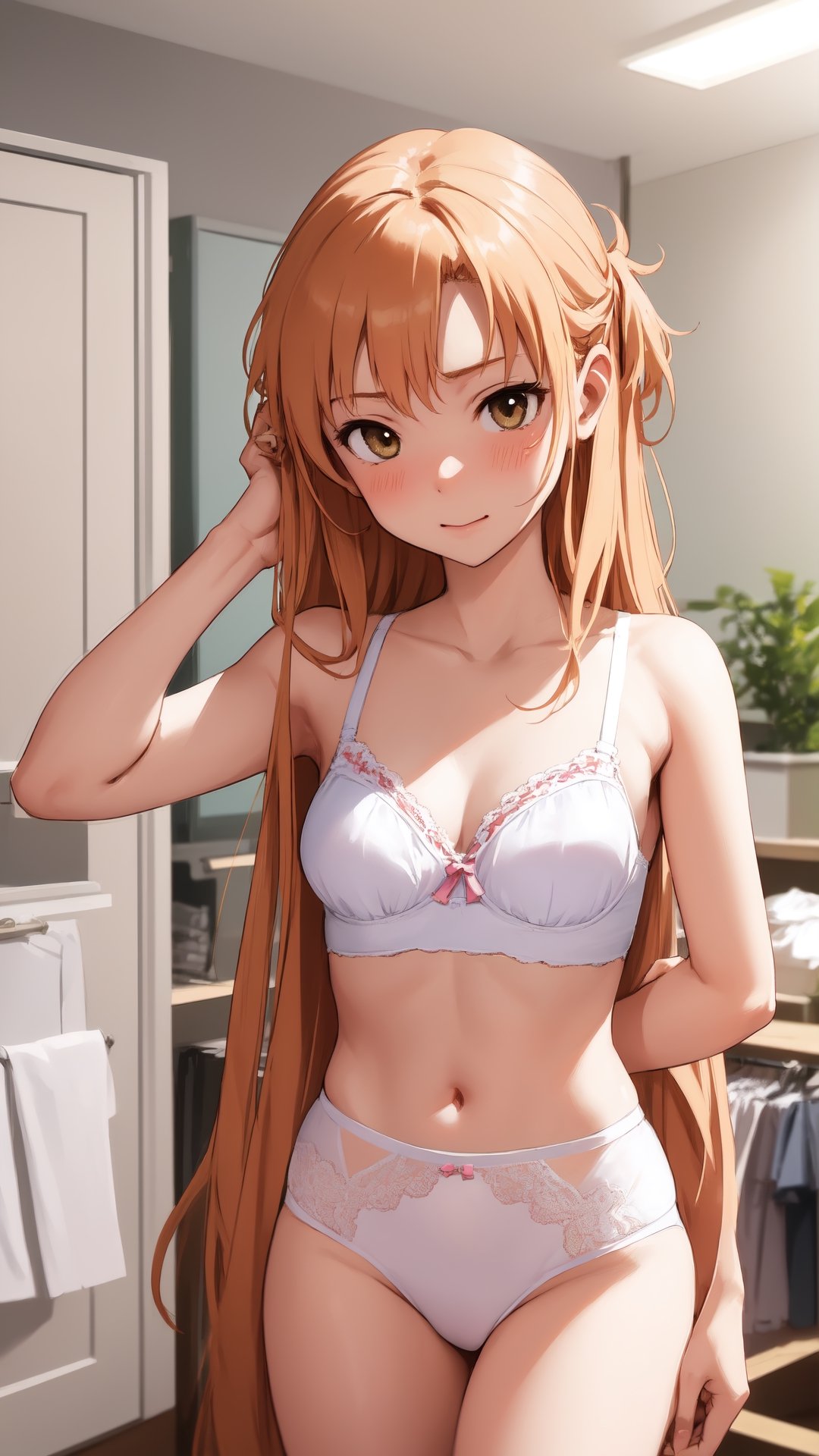 high_school_girl, SAM YANG, disheveled, aaasuna, perfect hands, , in a modern world, in her room, medium_breasts, changing cloth, underwear, shy