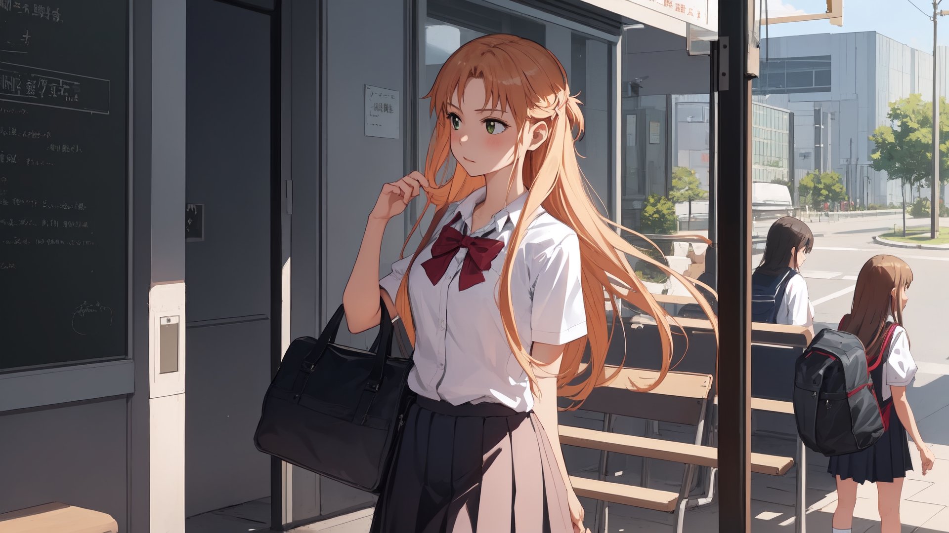 high_school_girl, SAM YANG, disheveled, aaasuna, perfect hands, , in a modern world, medium_breasts, school_uniforms, waiting fo bus, schoolbag, go to school