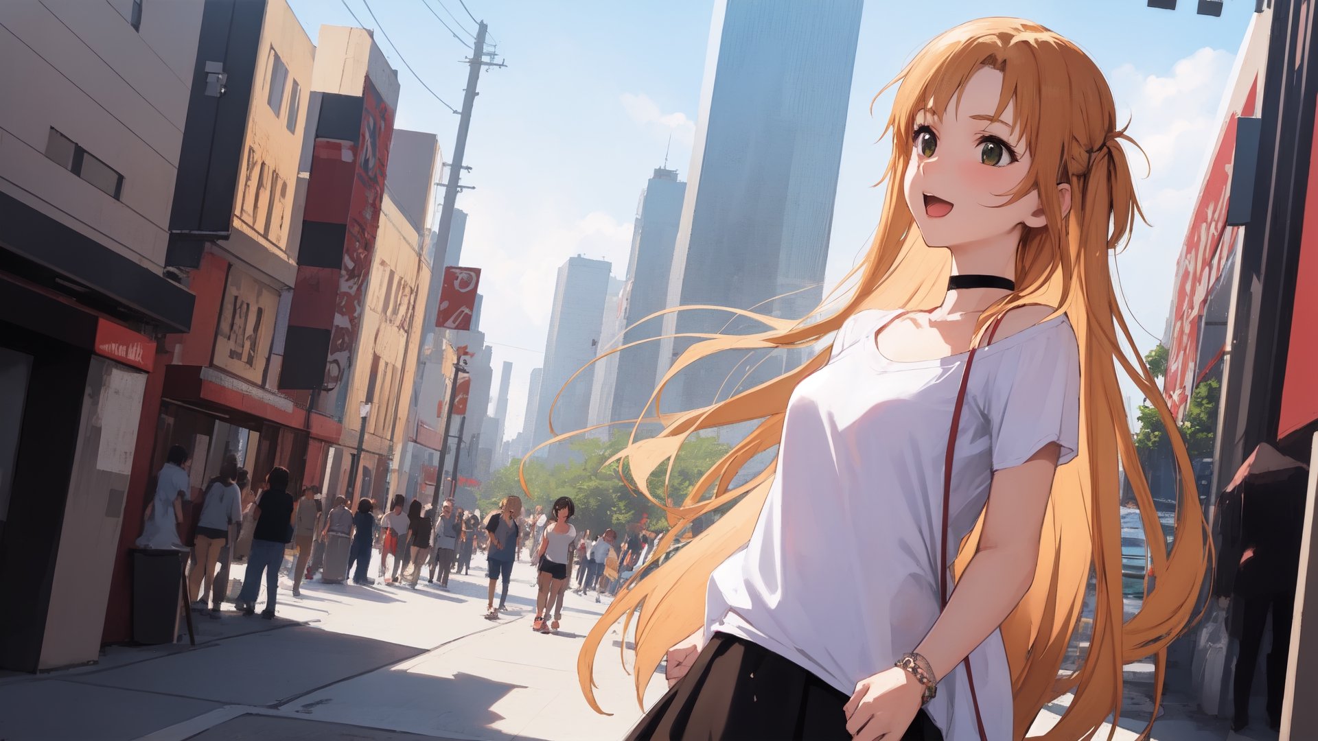 high_school_girl, SAM YANG, disheveled, aaasuna, perfect hands, , in a modern world, city, medium_breasts, happy, sexy, wearing_long_t-shirt, skirt, black Choker