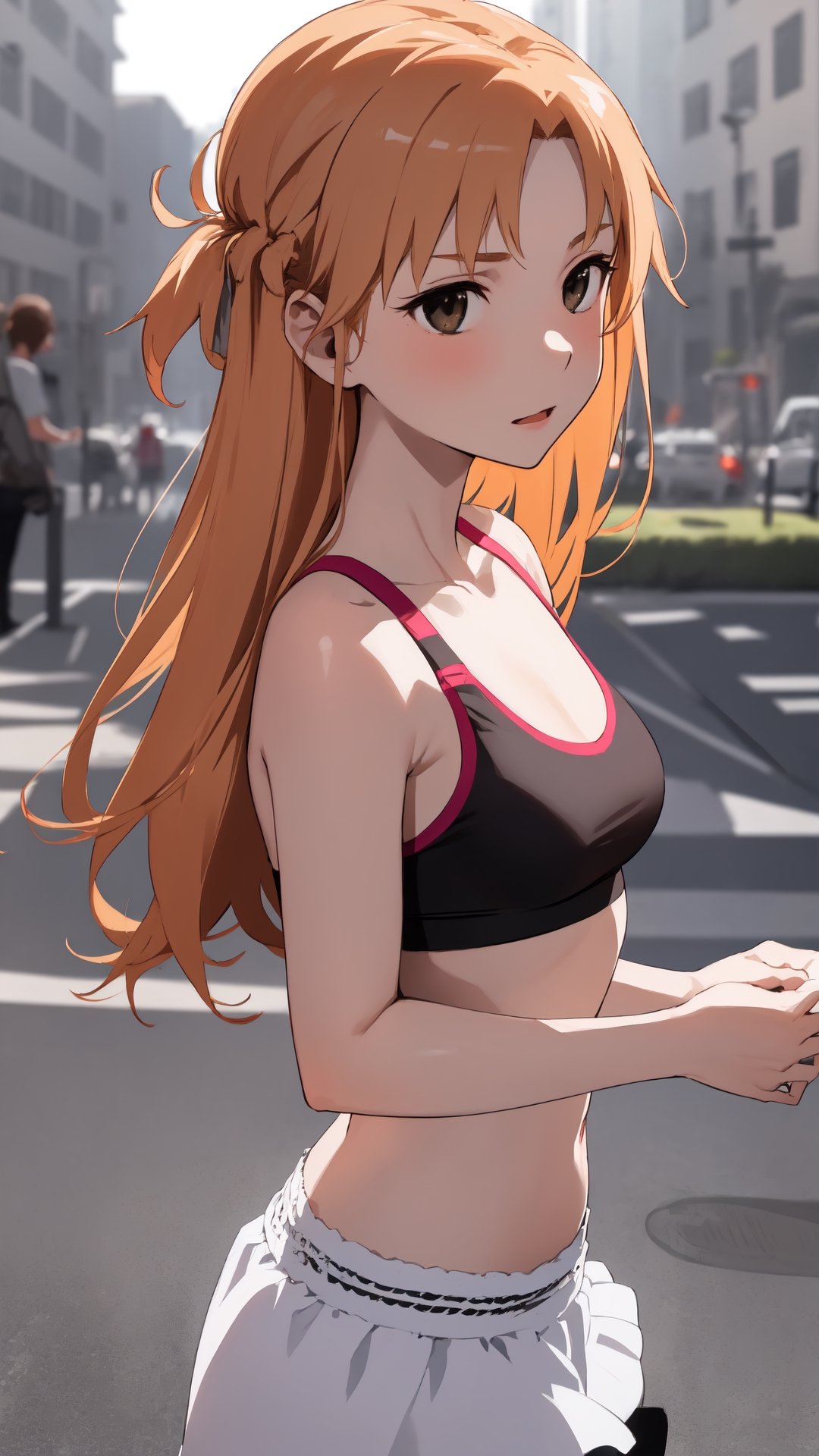 high_school_girl, SAM YANG, disheveled, aaasuna, perfect hands, sport bra, in a modern city, medium_breasts
