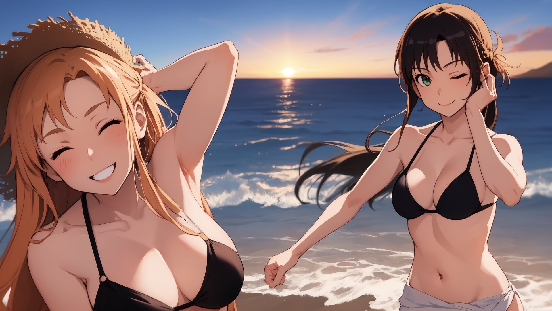 masterpeace, best quality, highres ,girl,solo,narrow_waist, thighs,perfect face,flirty,upper_body,perfect light,shinka nibutani ,boichi anime style.breasts,,undressing,stripping,breasts_exposed,crouching ,sexy poses,black bikini, not see through white sarong, white skirt, petite, standing, beach, sunset, smile, straw hat, big smile, eyes closed, eye smile, bend forward ,boichi anime style, aaasuna