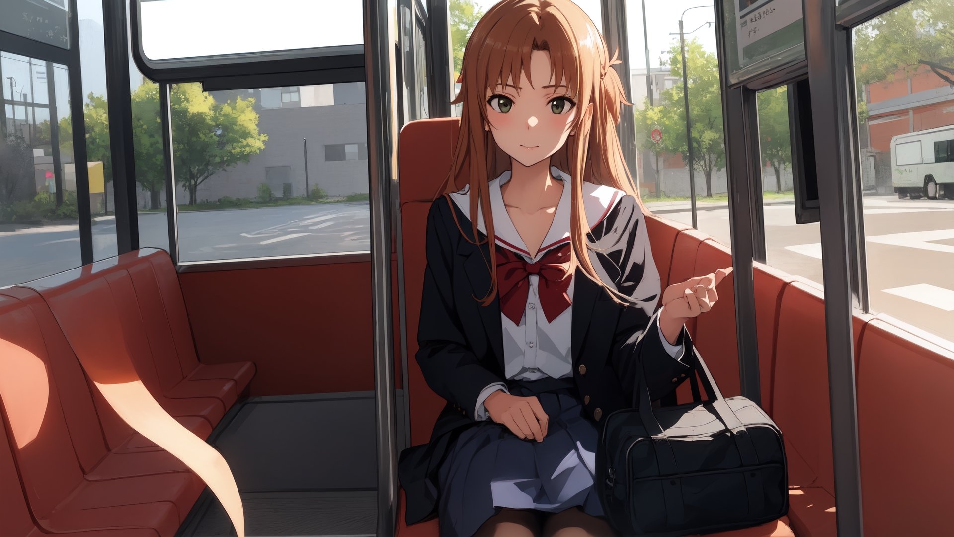 high_school_girl, SAM YANG, disheveled, aaasuna, perfect hands, , in a modern world, medium_breasts, school_uniforms, taking a bus, schoolbag, go to school