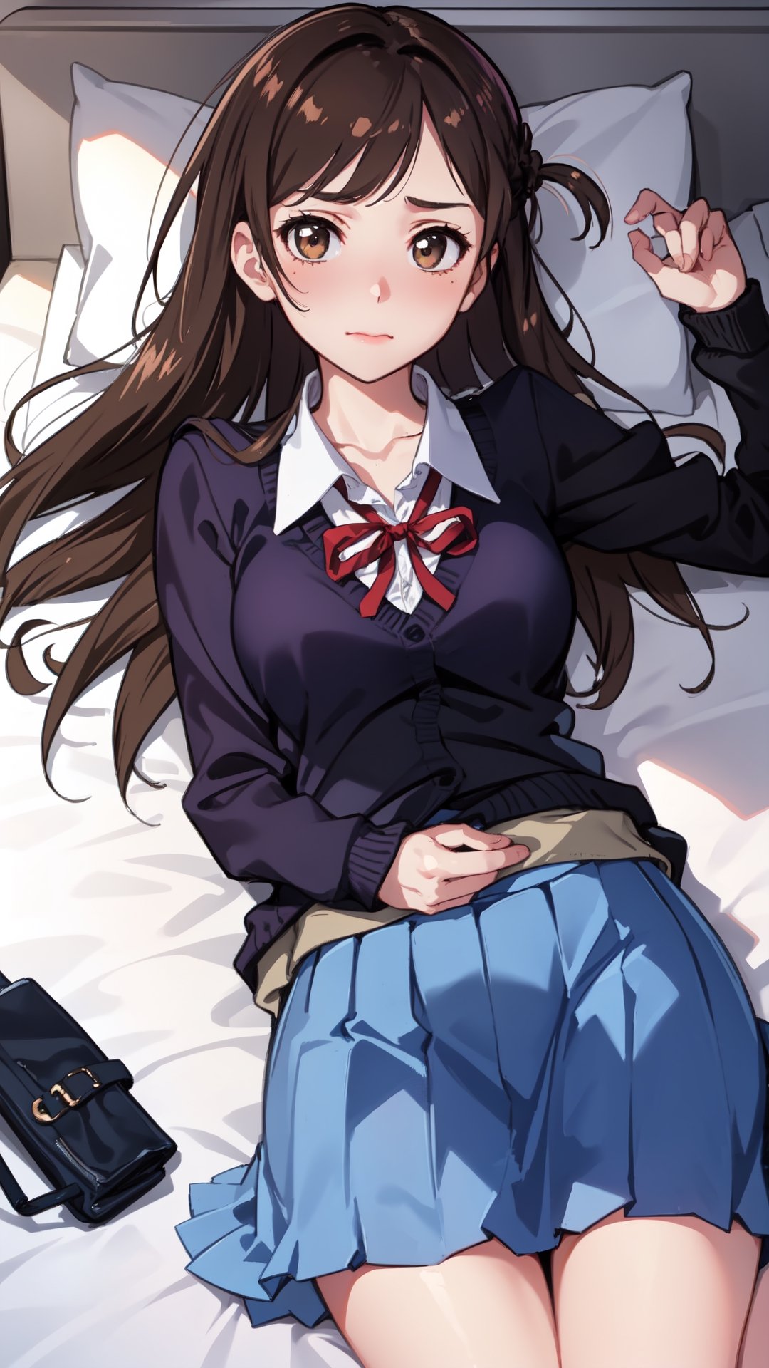 high_school_girl,SAM YANG, school_uniform,   shy face , lying on her back on a bed , and is looking directly at the viewer, The upper viewing angle,mizuhara_chizuru , disheveled