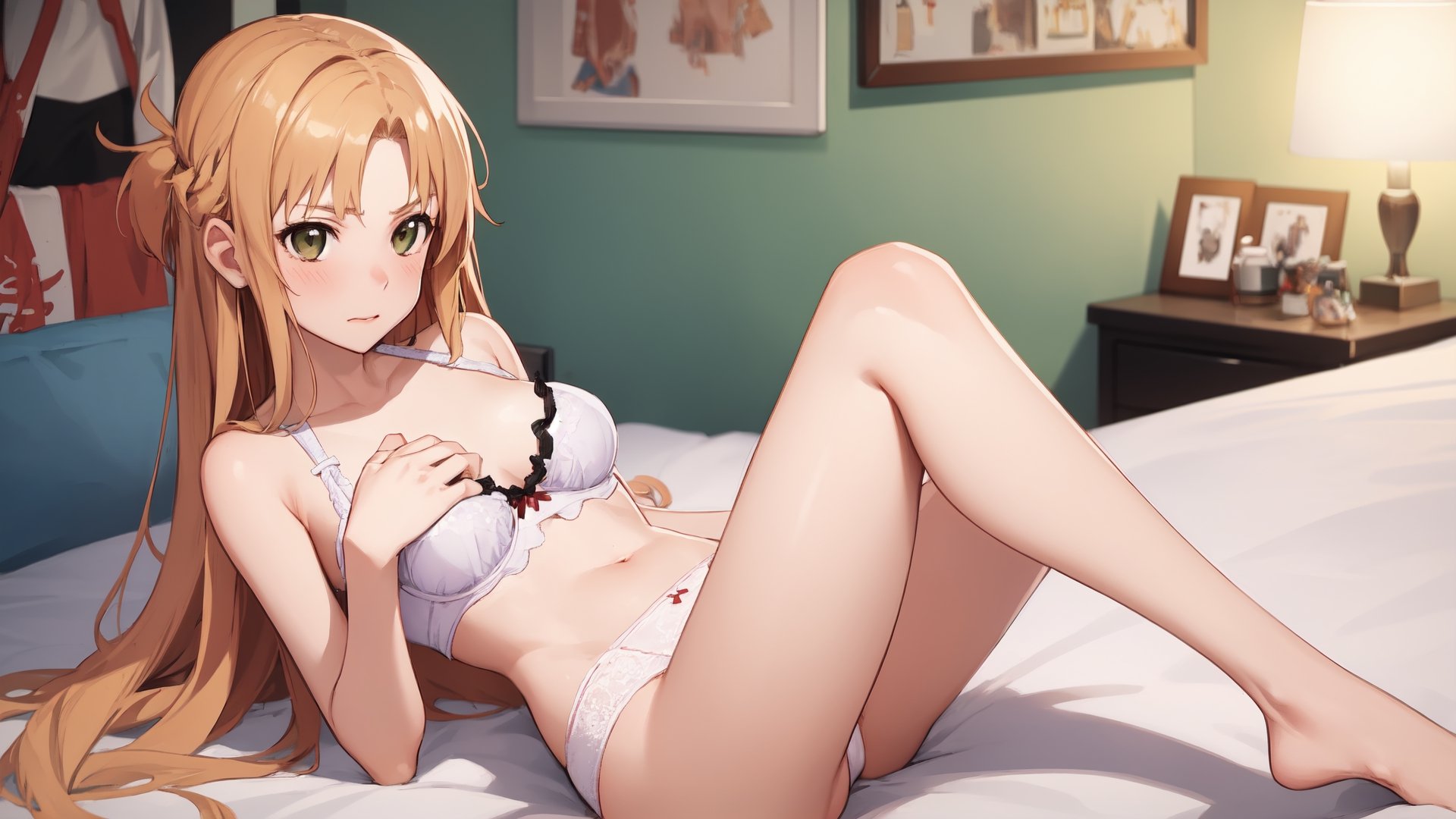 high_school_girl, SAM YANG, disheveled, aaasuna, perfect hands, , in a modern world, in her room, medium_breasts, changing cloth, underwear, shy