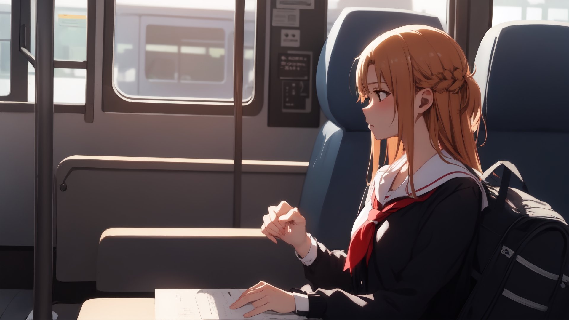 high_school_girl, SAM YANG, disheveled, aaasuna, perfect hands, , in a modern world, medium_breasts, school_uniforms, taking a bus, schoolbag, go to school