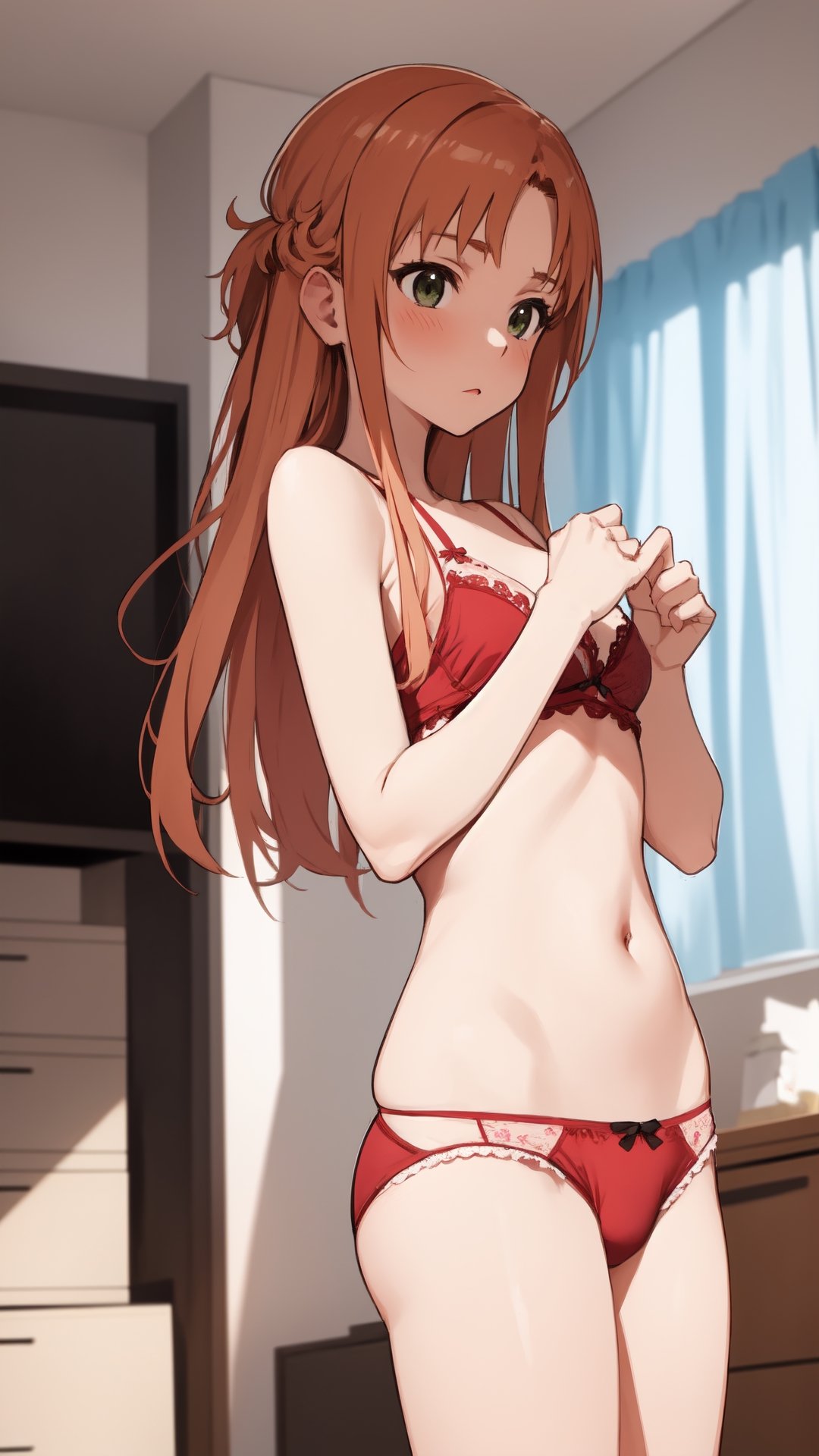 high_school_girl, SAM YANG, disheveled, aaasuna, perfect hands, , in a modern world, in her room, medium_breasts, changing cloth, underwear, shy