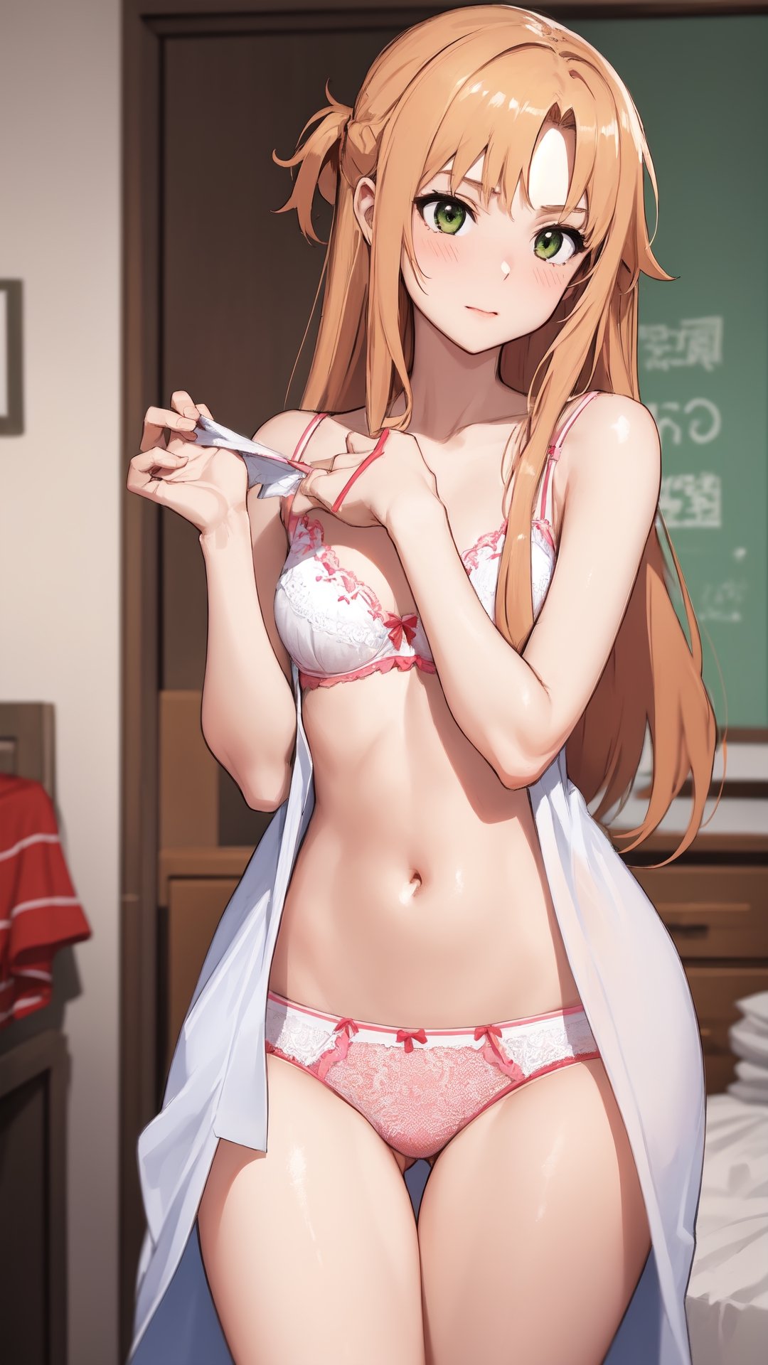 high_school_girl, SAM YANG, disheveled, aaasuna, perfect hands, , in a modern world, in her room, medium_breasts, changing cloth, underwear