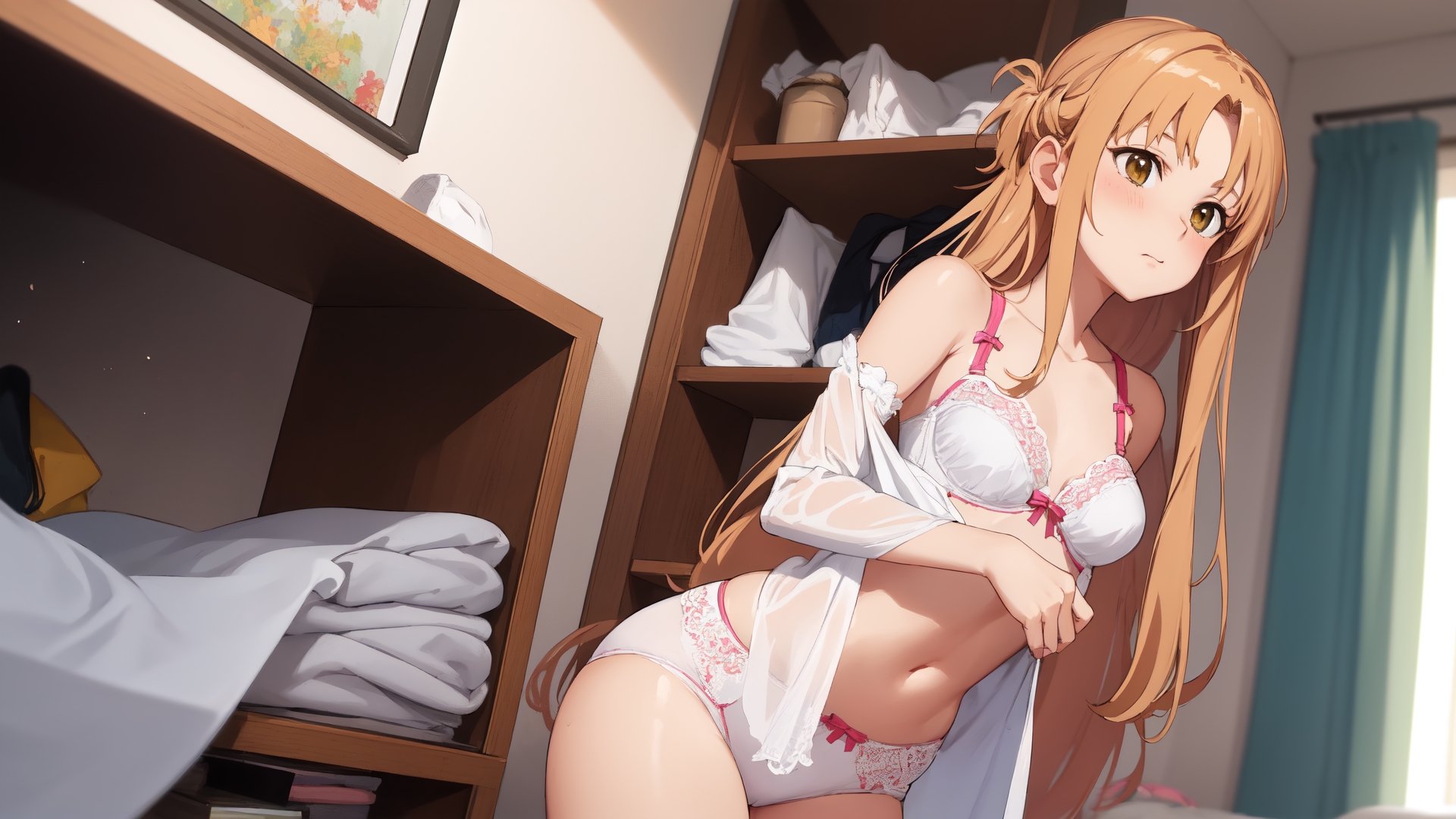 high_school_girl, SAM YANG, disheveled, aaasuna, perfect hands, , in a modern world, in her room, medium_breasts, changing cloth, underwear, shy