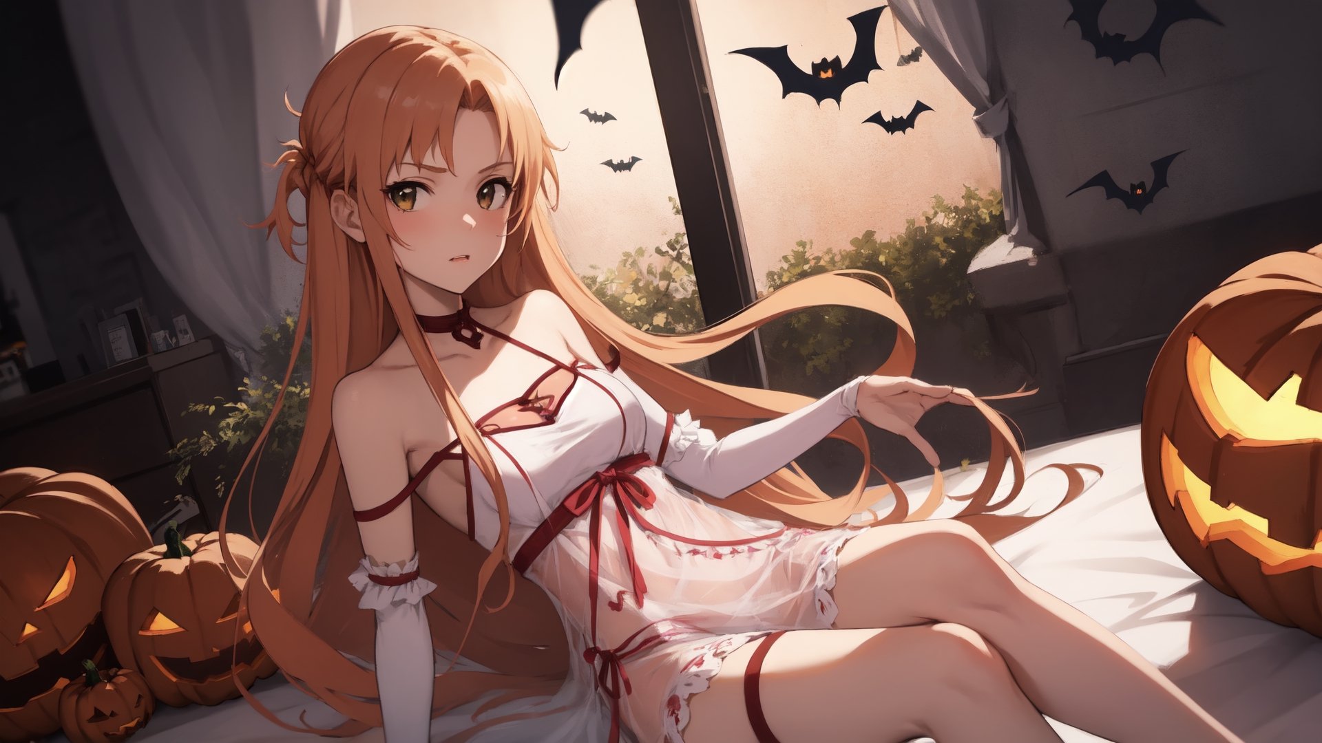 high_school_girl, SAM YANG, disheveled, aaasuna, perfect hands, , in a modern world, medium_breasts, halloween_costume 