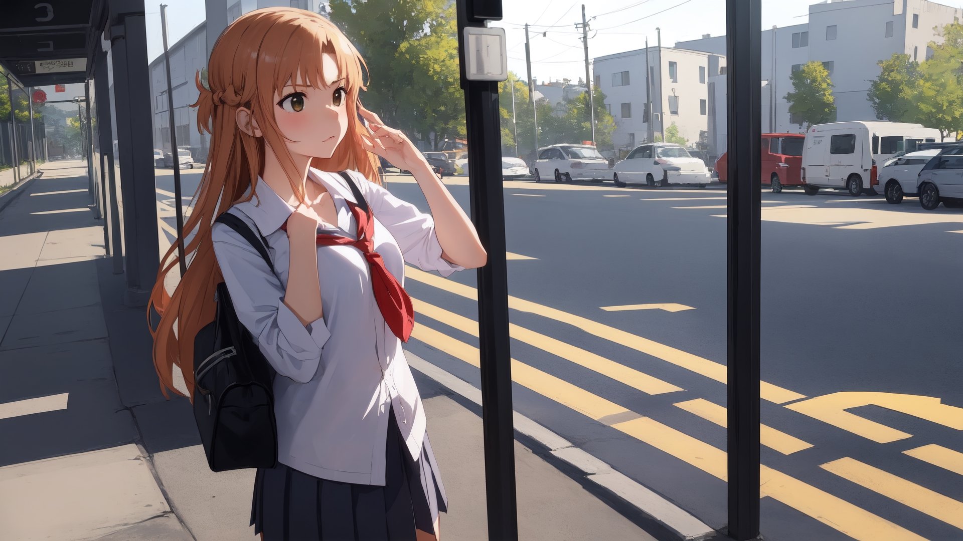 high_school_girl, SAM YANG, disheveled, aaasuna, perfect hands, , in a modern world, medium_breasts, school_uniforms, waiting fo bus, schoolbag, go to school