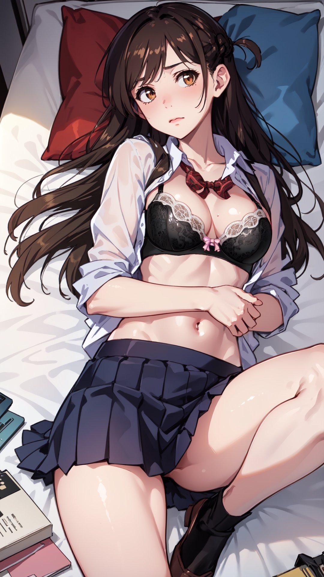 high_school_girl,SAM YANG, school_uniform,   shy face , lying on her back on a bed , and is looking directly at the viewer, The upper viewing angle,mizuhara_chizuru , disheveled, bra