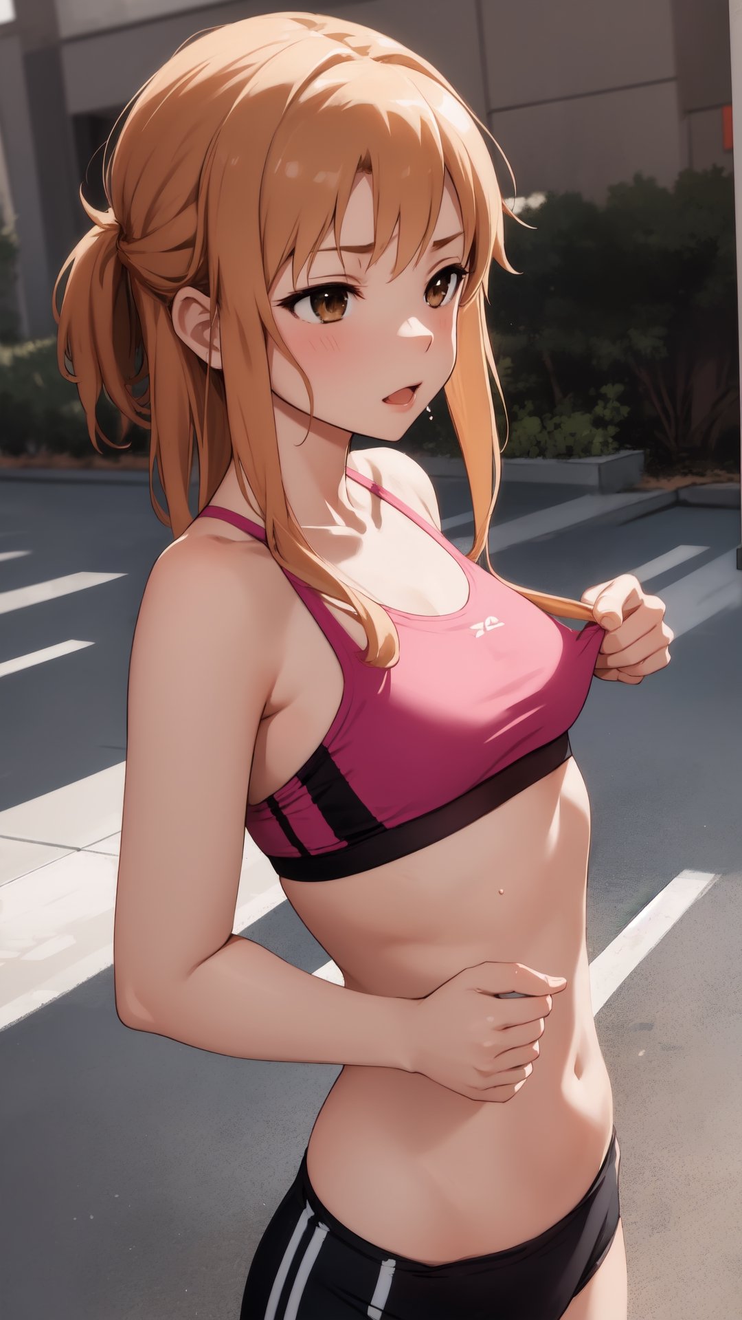 high_school_girl, SAM YANG, disheveled, aaasuna, perfect hands, sport bra, in a modern world, Jogging, medium_breasts, sexy
