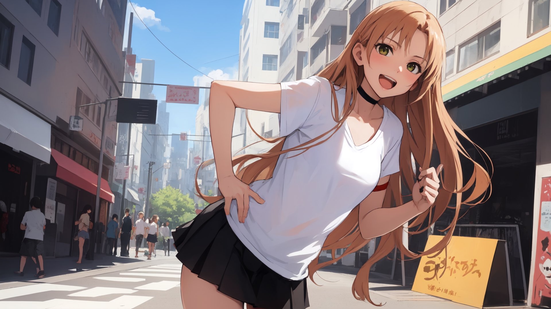 high_school_girl, SAM YANG, disheveled, aaasuna, perfect hands, , in a modern world, city, medium_breasts, happy, sexy, wearing_long_t-shirt, skirt, black Choker