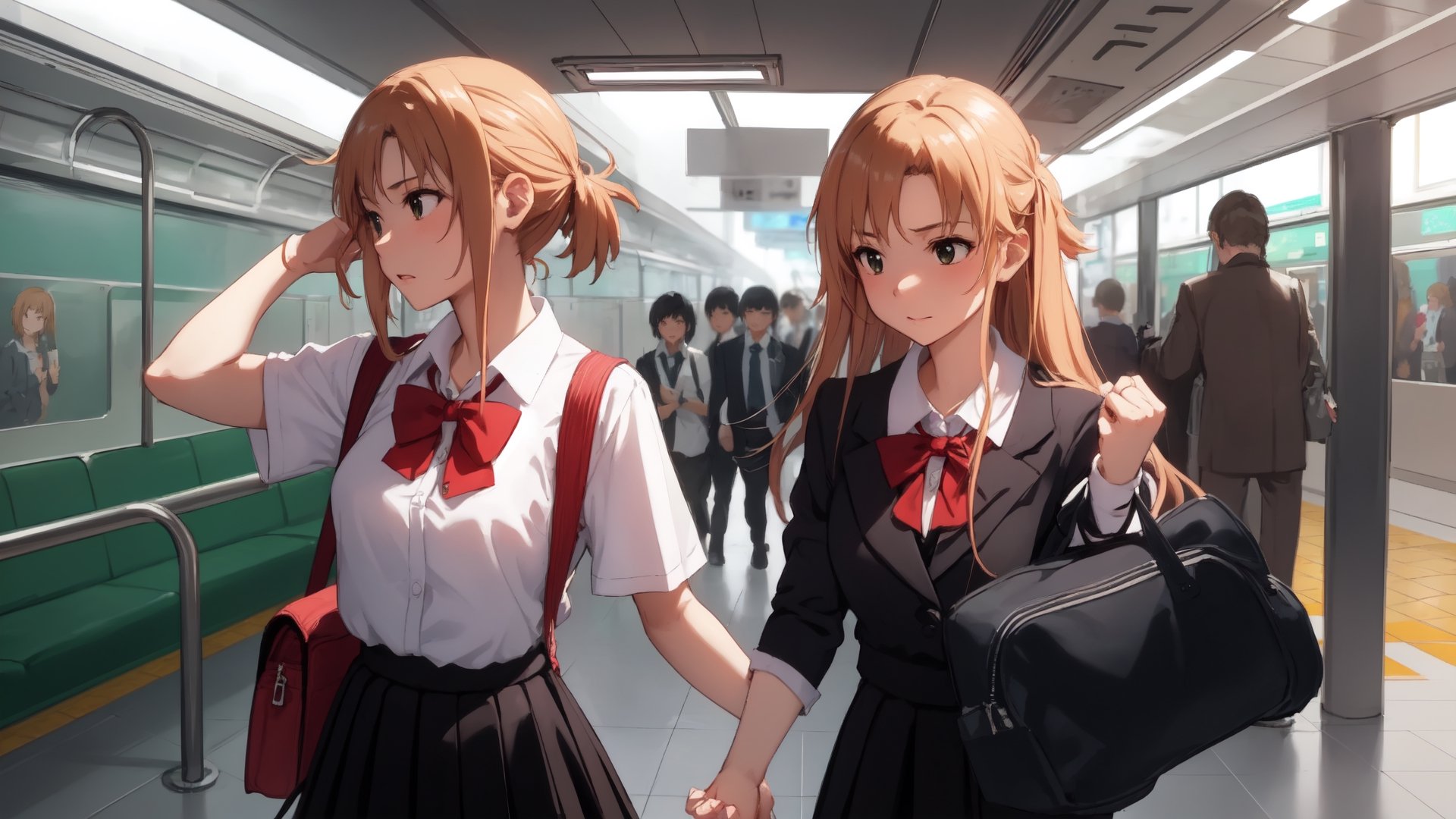 high_school_girl, SAM YANG, disheveled, aaasuna, perfect hands, , in a modern world, medium_breasts, school_uniforms, taking a Subway, schoolbag, go to school