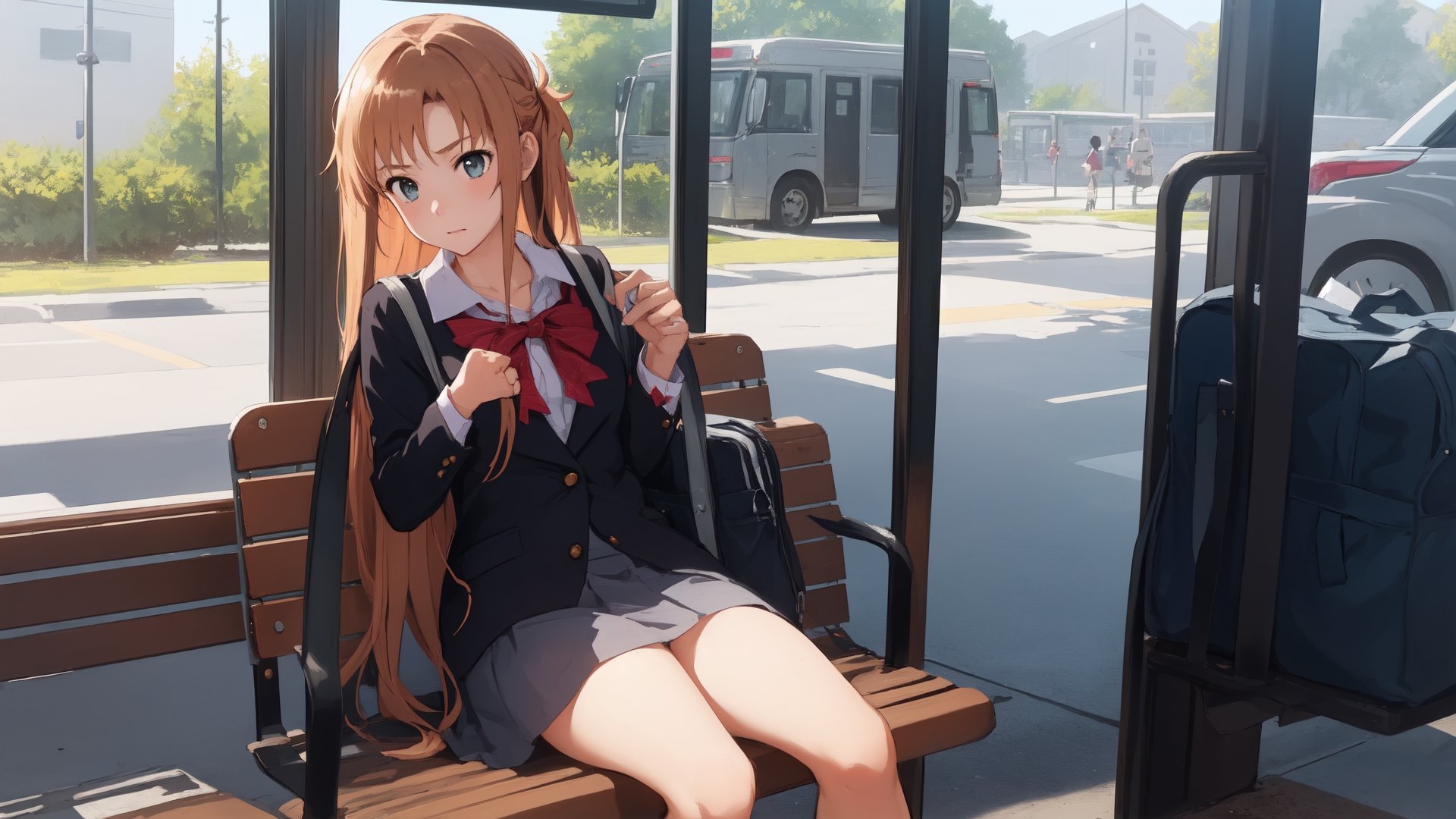 high_school_girl, SAM YANG, disheveled, aaasuna, perfect hands, , in a modern world, medium_breasts, school_uniforms, waiting fo bus, schoolbag, go to school