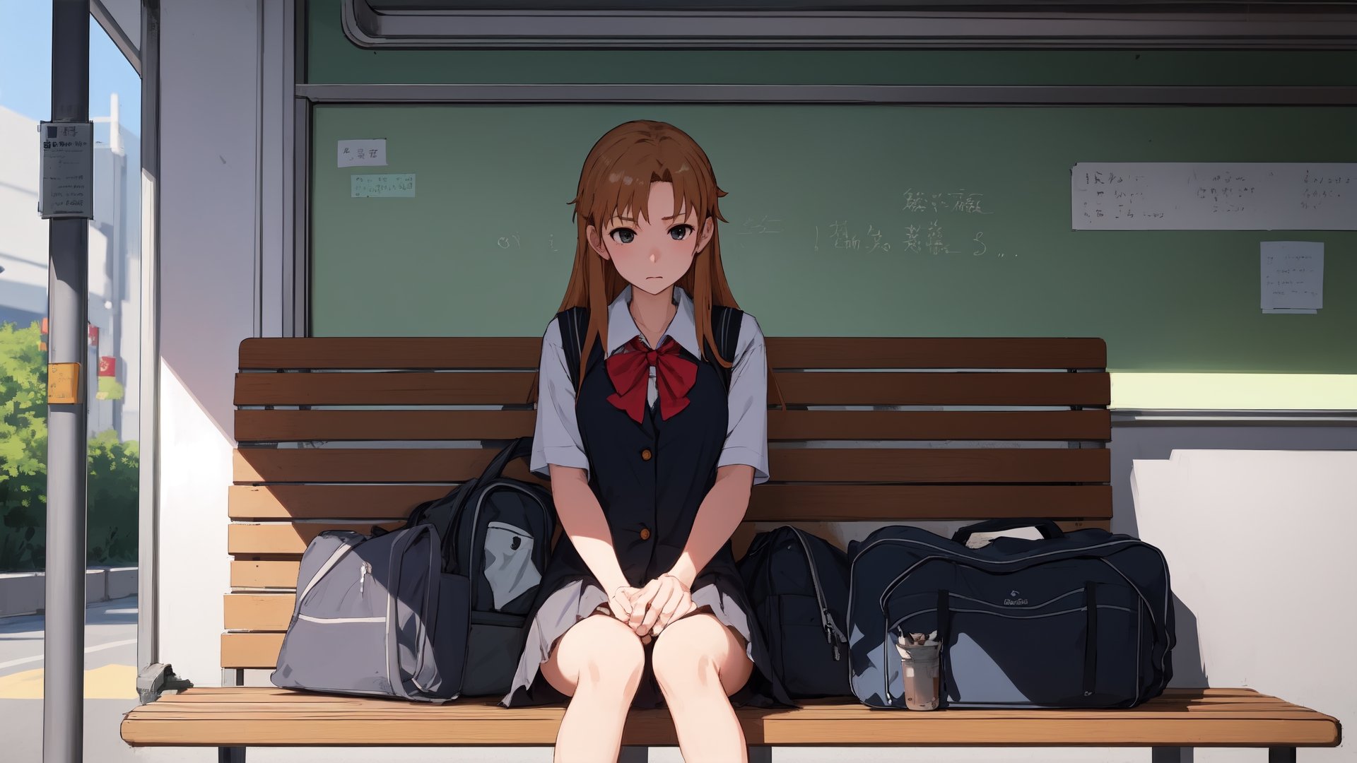 high_school_girl, SAM YANG, disheveled, aaasuna, perfect hands, , in a modern world, medium_breasts, school_uniforms, waiting fo bus, schoolbag, go to school