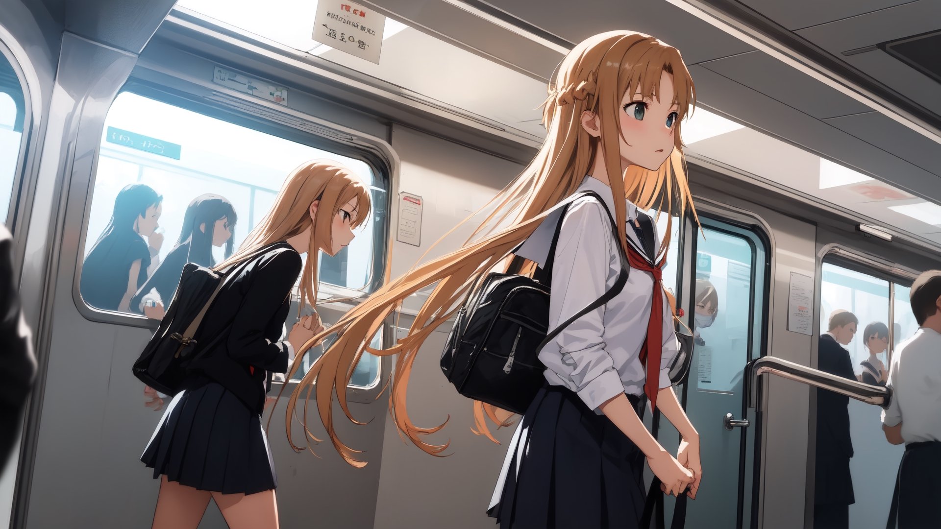 high_school_girl, SAM YANG, disheveled, aaasuna, perfect hands, , in a modern world, medium_breasts, school_uniforms, taking a Subway, schoolbag, go to school