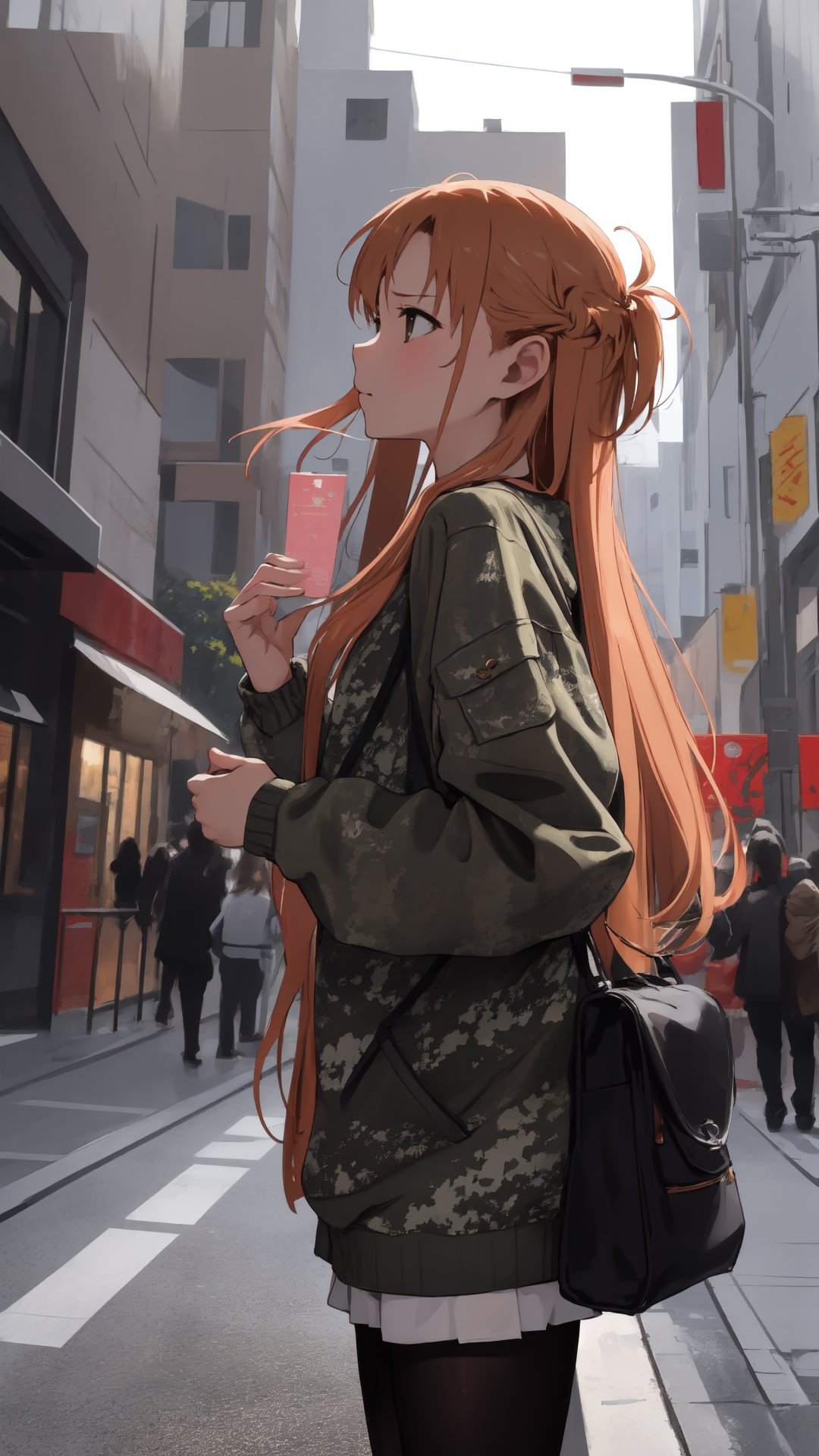 high_school_girl, SAM YANG, disheveled, aaasuna, perfect hands, wear Camouflage, in a modern city