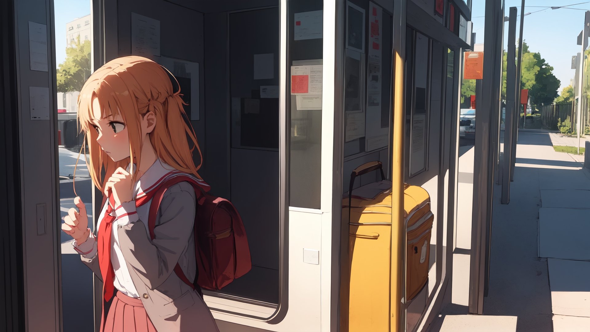 high_school_girl, SAM YANG, disheveled, aaasuna, perfect hands, , in a modern world, medium_breasts, school_uniforms, waiting fo bus, schoolbag, go to school