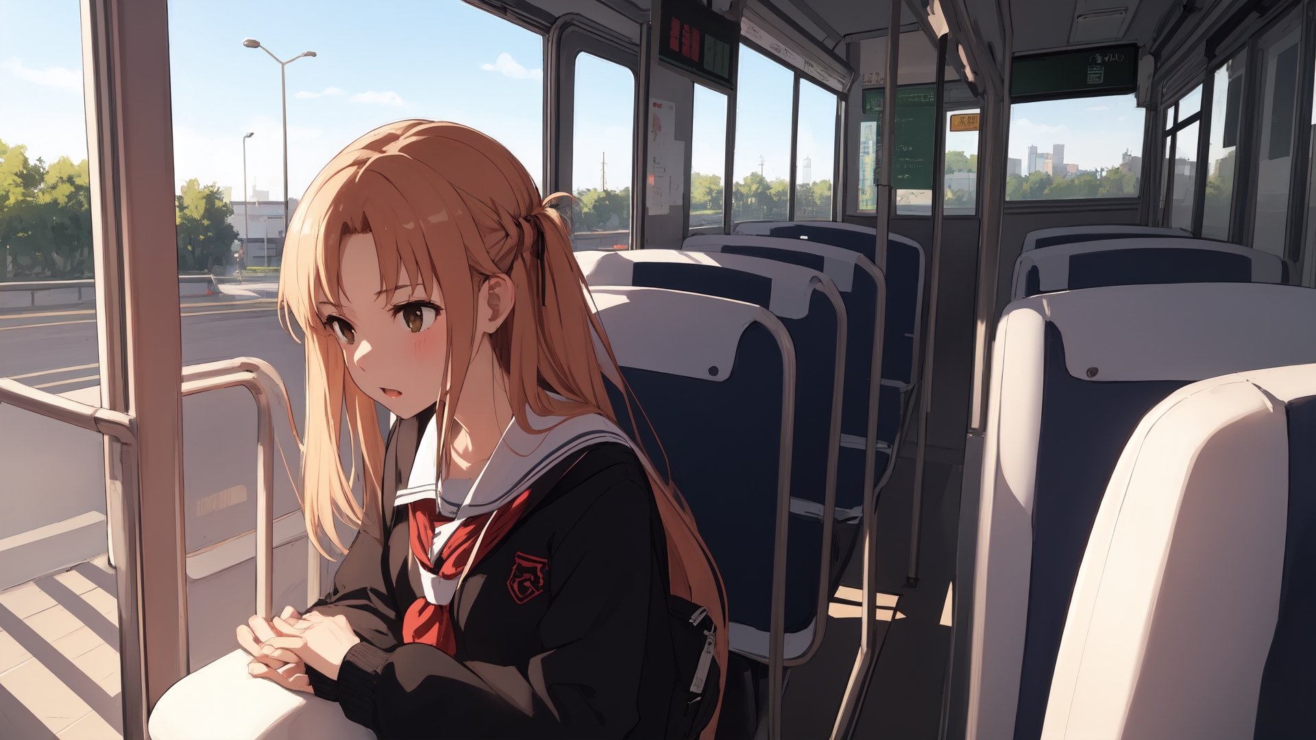 high_school_girl, SAM YANG, disheveled, aaasuna, perfect hands, , in a modern world, medium_breasts, school_uniforms, taking a bus, schoolbag, go to school