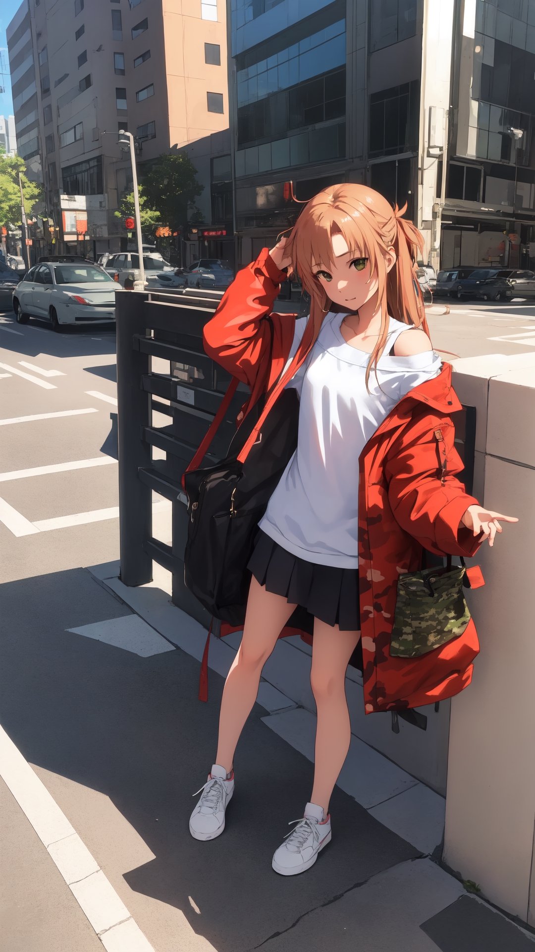 high_school_girl, SAM YANG, disheveled, aaasuna, perfect hands, wear Camouflage, in a modern city