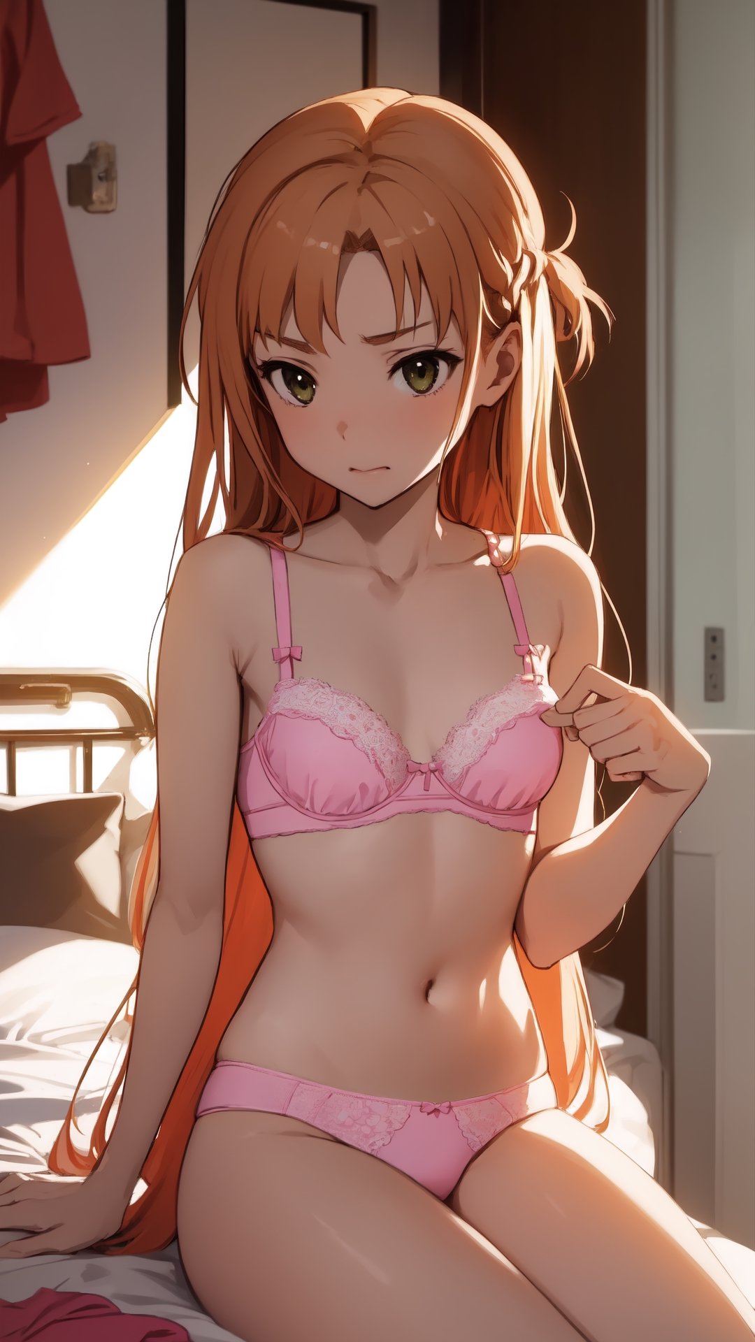 high_school_girl, SAM YANG, disheveled, aaasuna, perfect hands, , in a modern world, in her room, medium_breasts, changing cloth, underwear, shy