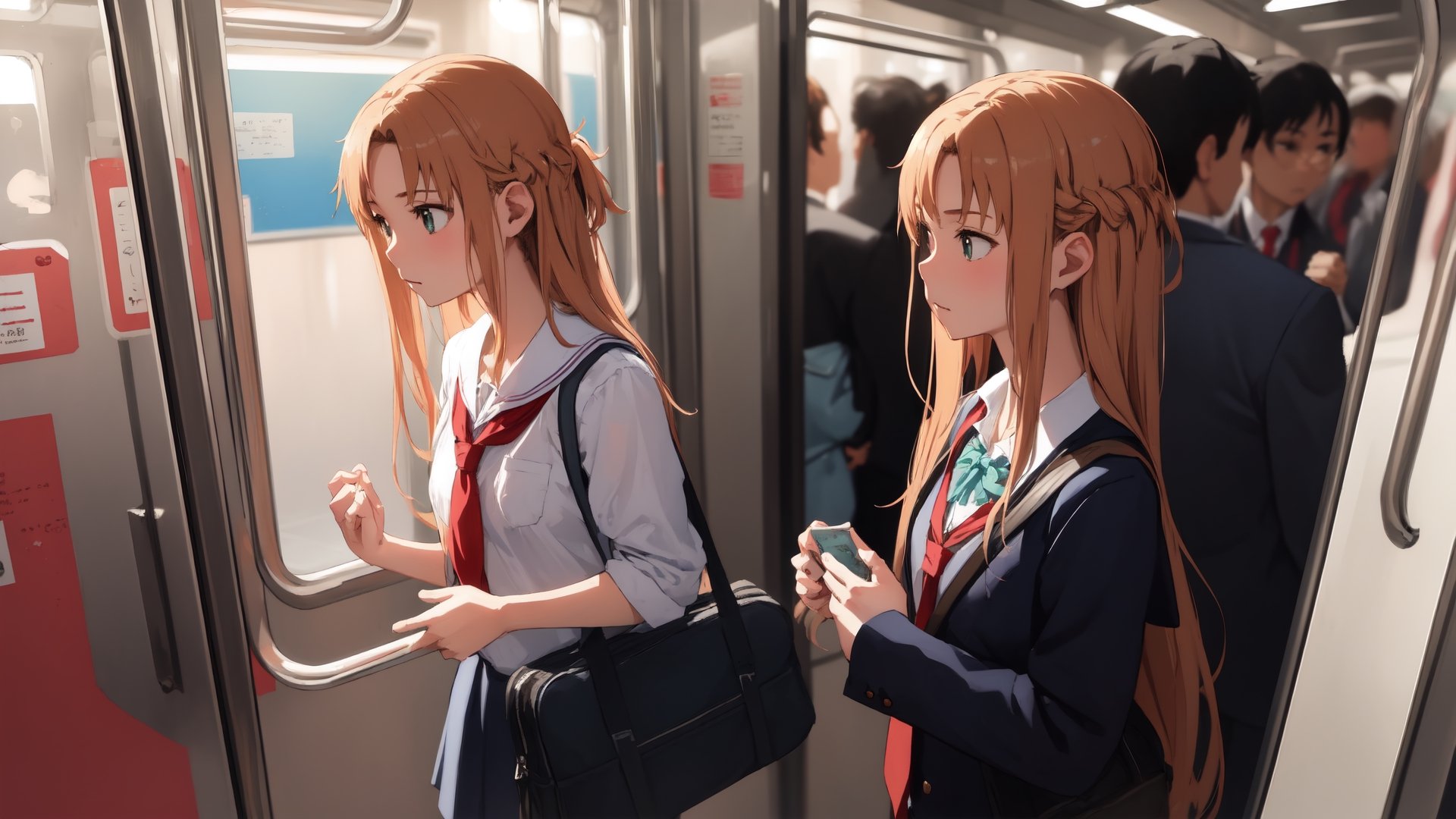 high_school_girl, SAM YANG, disheveled, aaasuna, perfect hands, , in a modern world, medium_breasts, school_uniforms, taking a Subway, schoolbag, go to school