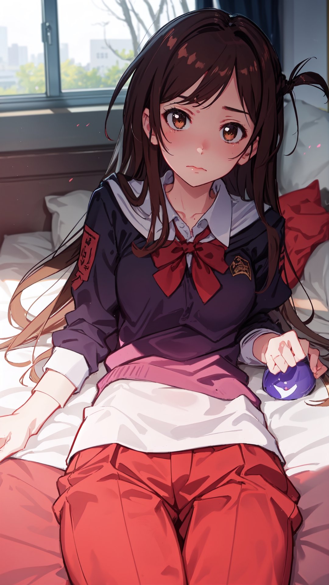 high_school_girl,SAM YANG, school_uniform,   shy face , lying on her back on a bed , and is looking directly at the viewer, The upper viewing angle,mizuhara_chizuru