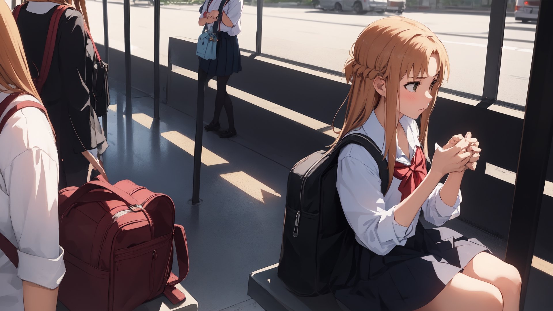 high_school_girl, SAM YANG, disheveled, aaasuna, perfect hands, , in a modern world, medium_breasts, school_uniforms, waiting fo bus, schoolbag, go to school