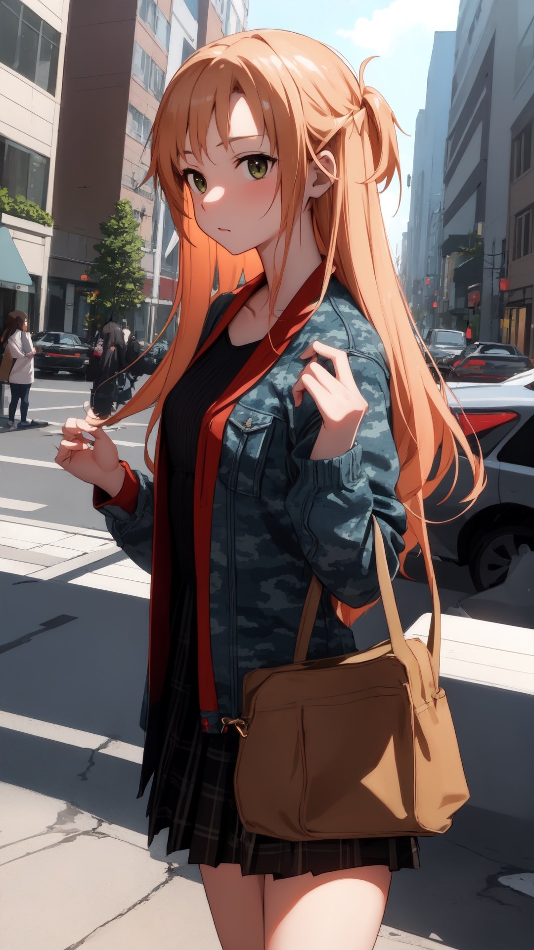 high_school_girl, SAM YANG, disheveled, aaasuna, perfect hands, wear Camouflage, in a modern city