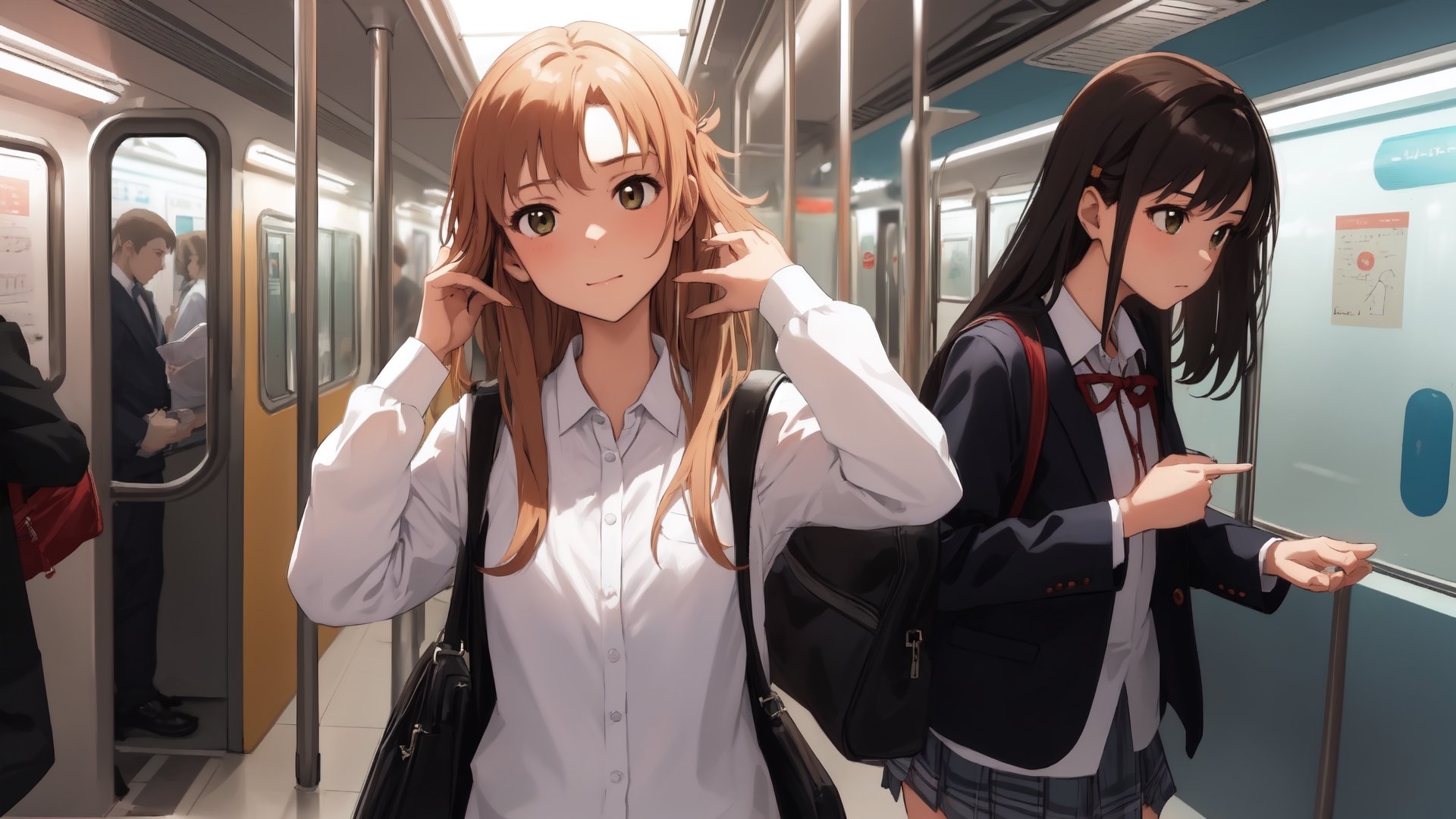 high_school_girl, SAM YANG, disheveled, aaasuna, perfect hands, , in a modern world, medium_breasts, school_uniforms, taking a Subway, schoolbag, go to school