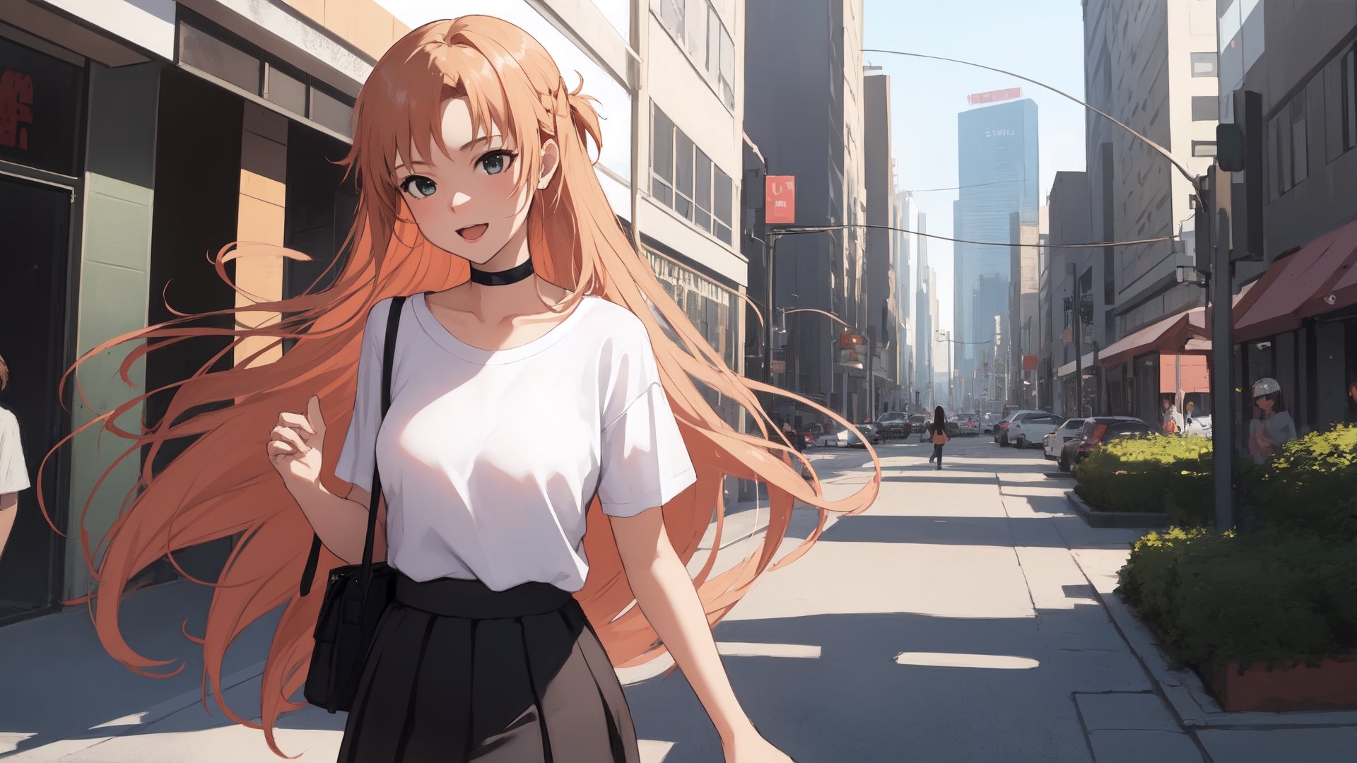 high_school_girl, SAM YANG, disheveled, aaasuna, perfect hands, , in a modern world, city, medium_breasts, happy, sexy, wearing_long_t-shirt, skirt, black Choker