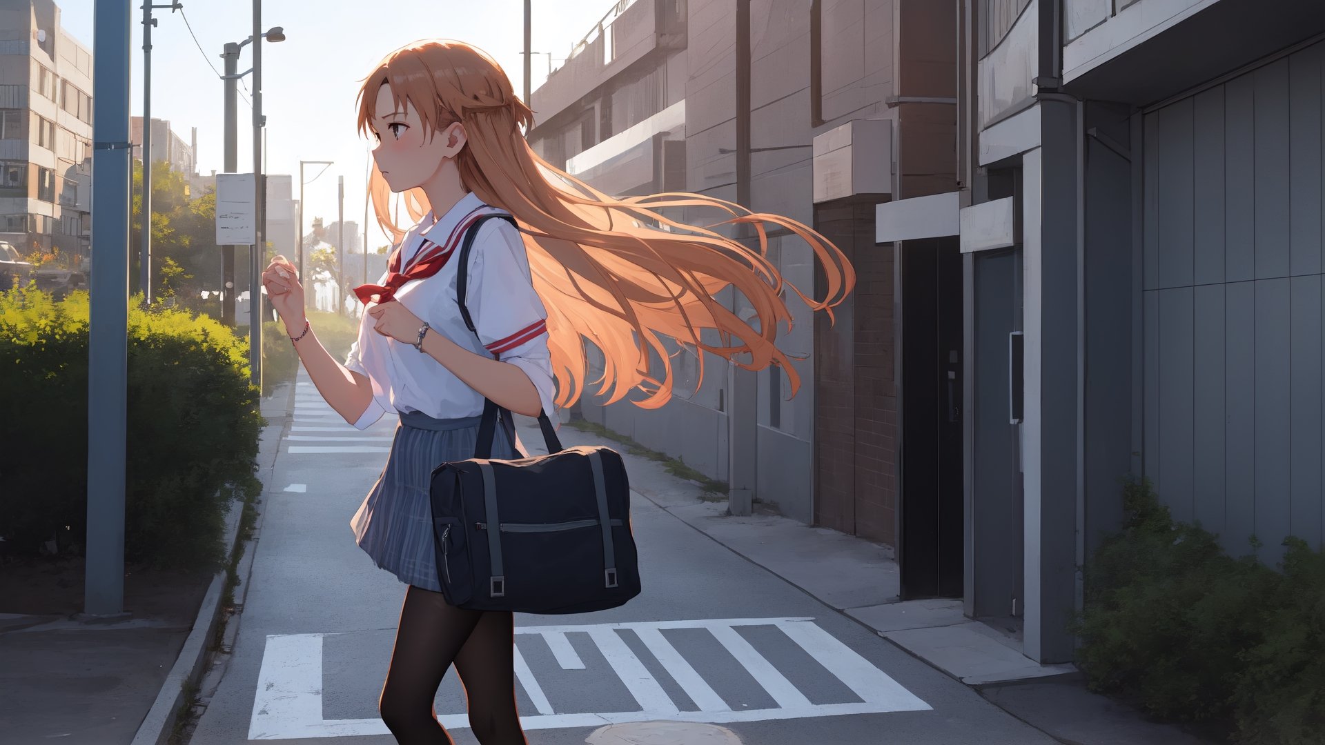 high_school_girl, SAM YANG, disheveled, aaasuna, perfect hands, , in a modern world, medium_breasts, school_uniforms, walking, schoolbag, go to school