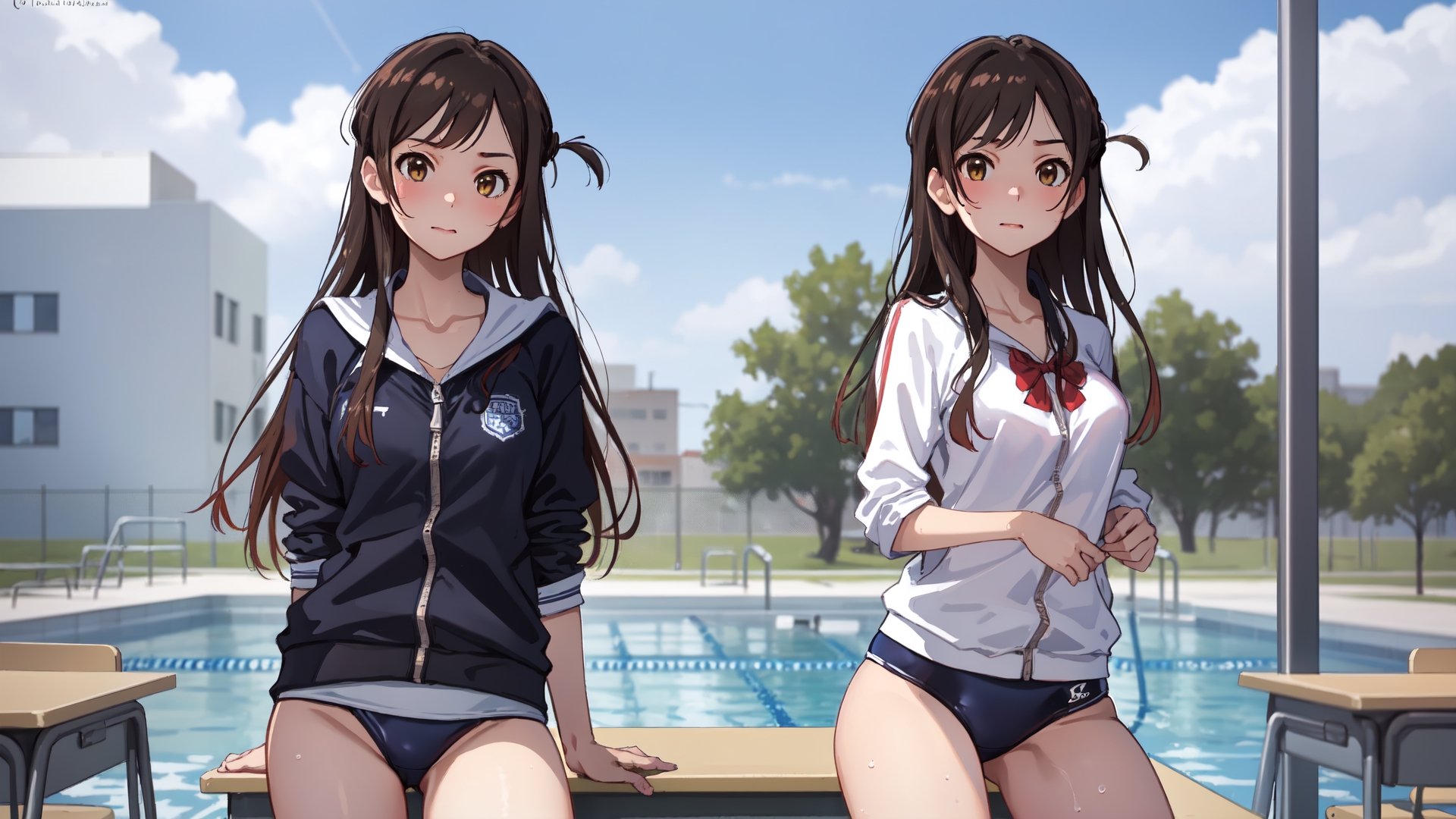 in a modern city and wearing a school uniform girl with long beautiful high_school_girl,SAM YANG, class_room, sports_uniform, swim_suit , mizuhara_chizuru