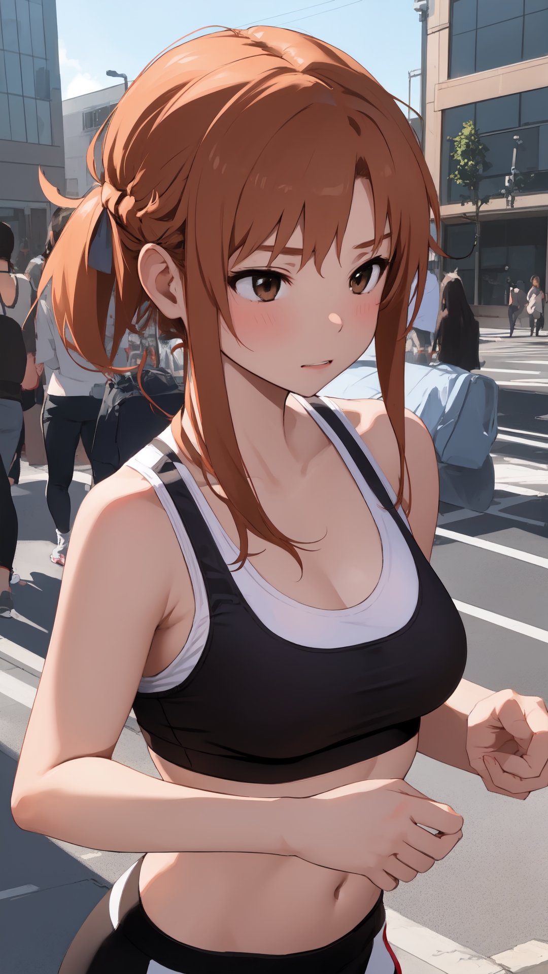 high_school_girl, SAM YANG, disheveled, aaasuna, perfect hands, sport bra, in a modern city
