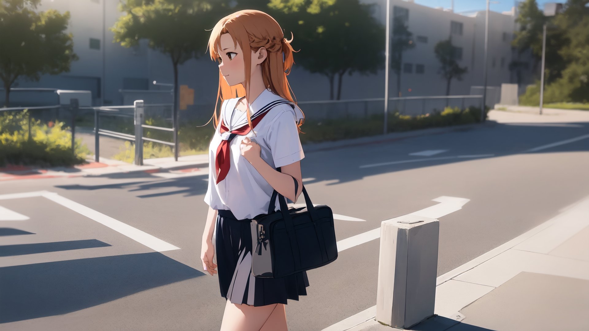 high_school_girl, SAM YANG, disheveled, aaasuna, perfect hands, , in a modern world, medium_breasts, school_uniforms, walking, schoolbag, go to school