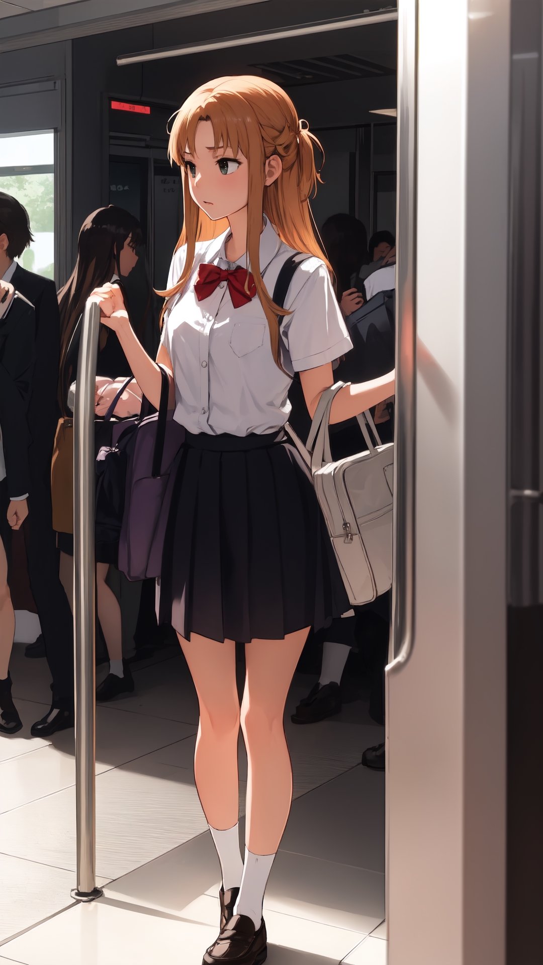 high_school_girl, SAM YANG, disheveled, aaasuna, perfect hands, , in a modern world, medium_breasts, school_uniforms, taking a Subway, schoolbag, go to school