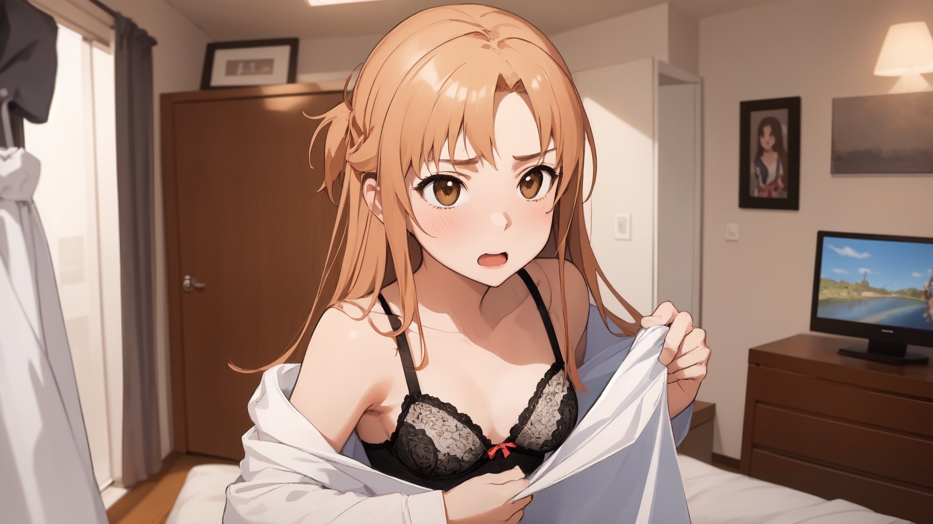 high_school_girl, SAM YANG, disheveled, aaasuna, perfect hands, , in a modern world, in her room, medium_breasts, changing cloth, underwear, shy