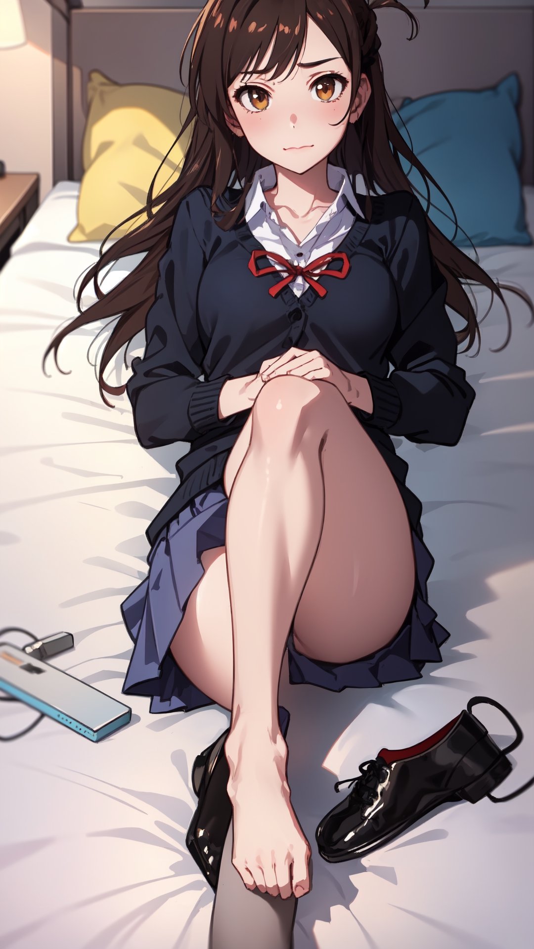 high_school_girl,SAM YANG, school_uniform,   shy face , lying on her back on a bed , and is looking directly at the viewer, The upper viewing angle,mizuhara_chizuru