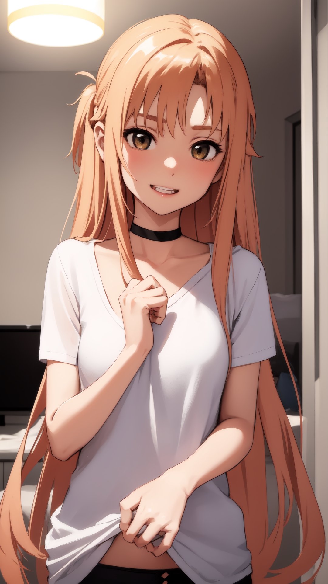 high_school_girl, SAM YANG, disheveled, aaasuna, perfect hands, , in a modern world, in her room, medium_breasts, happy, sex, naked_shirt, black Choker