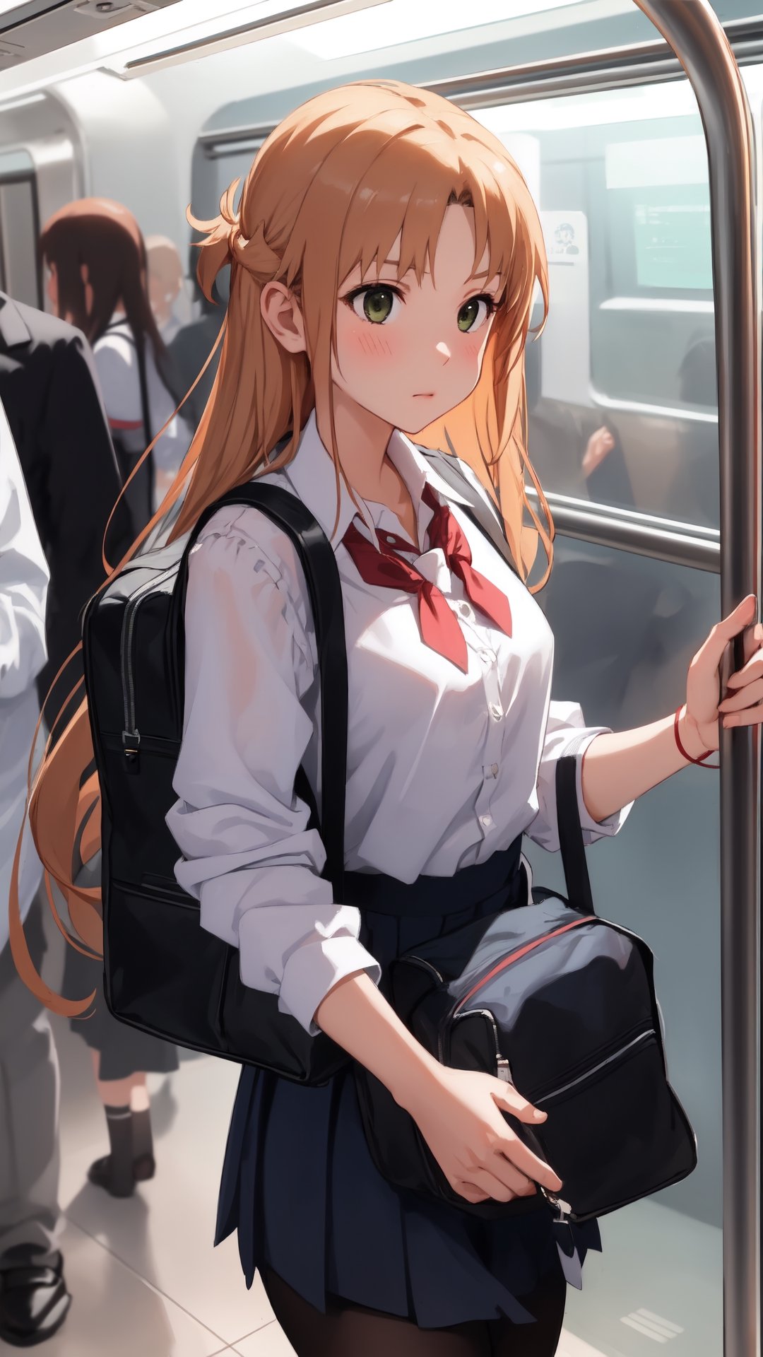 high_school_girl, SAM YANG, disheveled, aaasuna, perfect hands, , in a modern world, medium_breasts, school_uniforms, taking a Subway, schoolbag, go to school