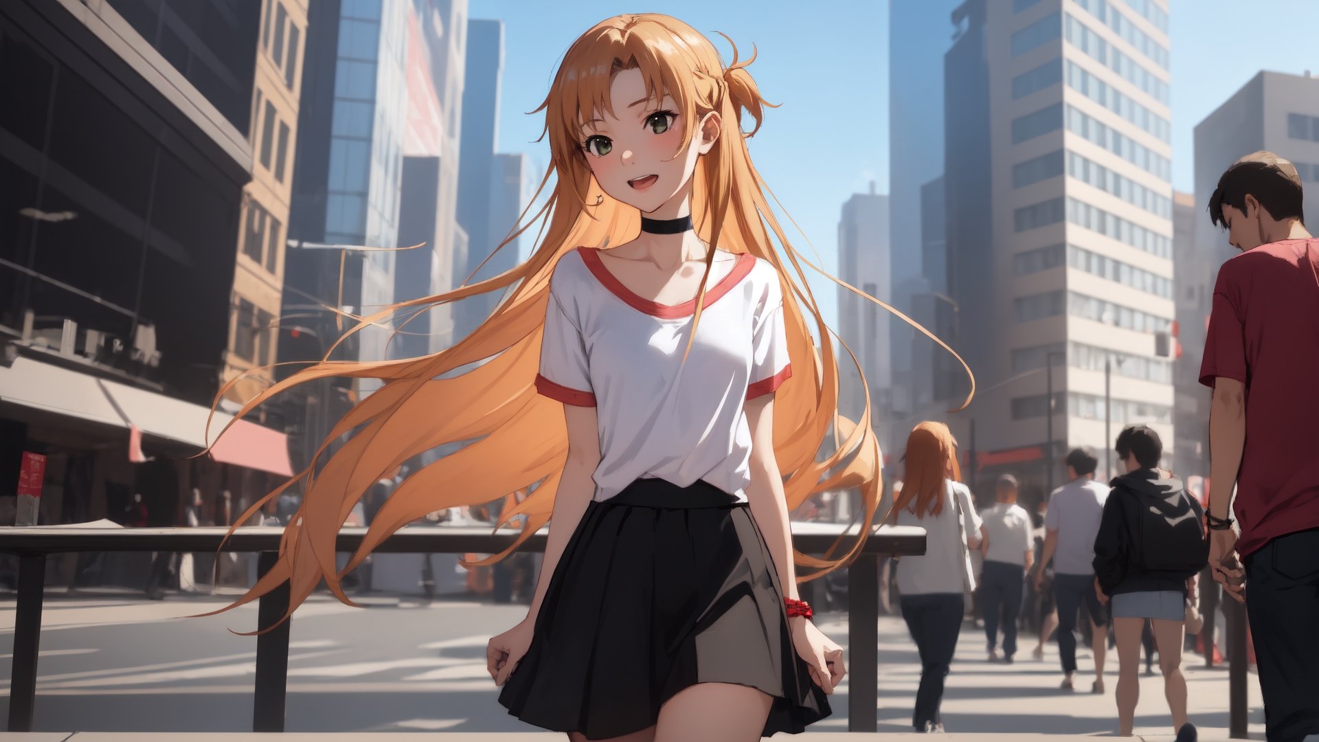 high_school_girl, SAM YANG, disheveled, aaasuna, perfect hands, , in a modern world, city, medium_breasts, happy, sexy, wearing_long_t-shirt, skirt, black Choker