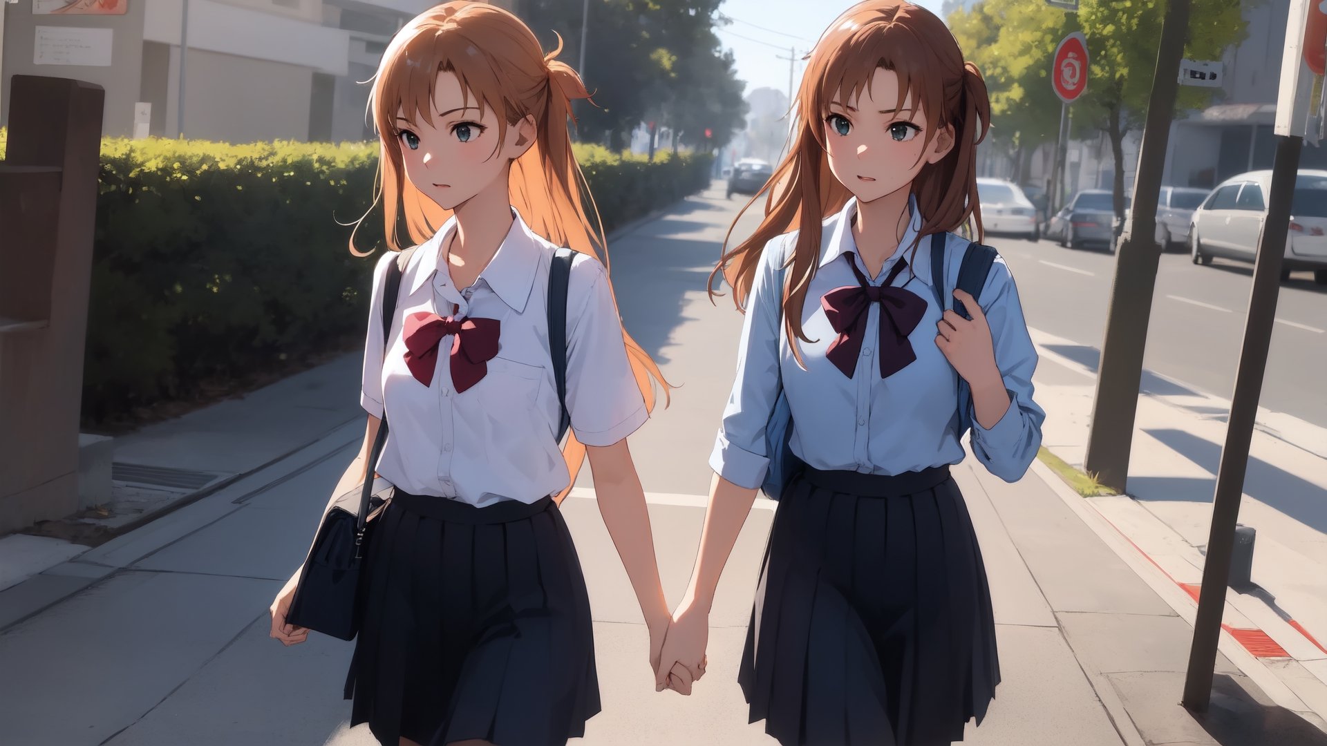 high_school_girl, SAM YANG, disheveled, aaasuna, perfect hands, , in a modern world, medium_breasts, school_uniforms, walking, schoolbag, go to school