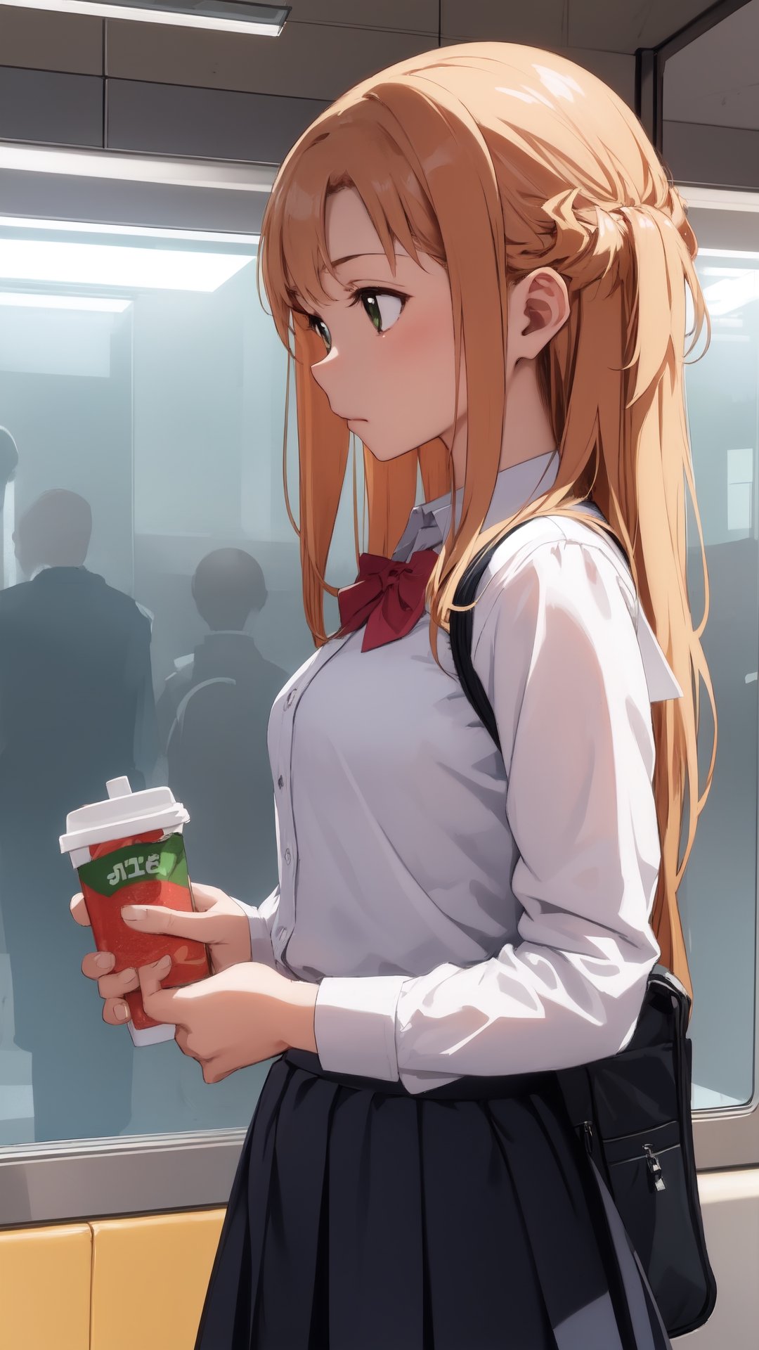 high_school_girl, SAM YANG, disheveled, aaasuna, perfect hands, , in a modern world, medium_breasts, school_uniforms, taking a Subway, schoolbag, go to school