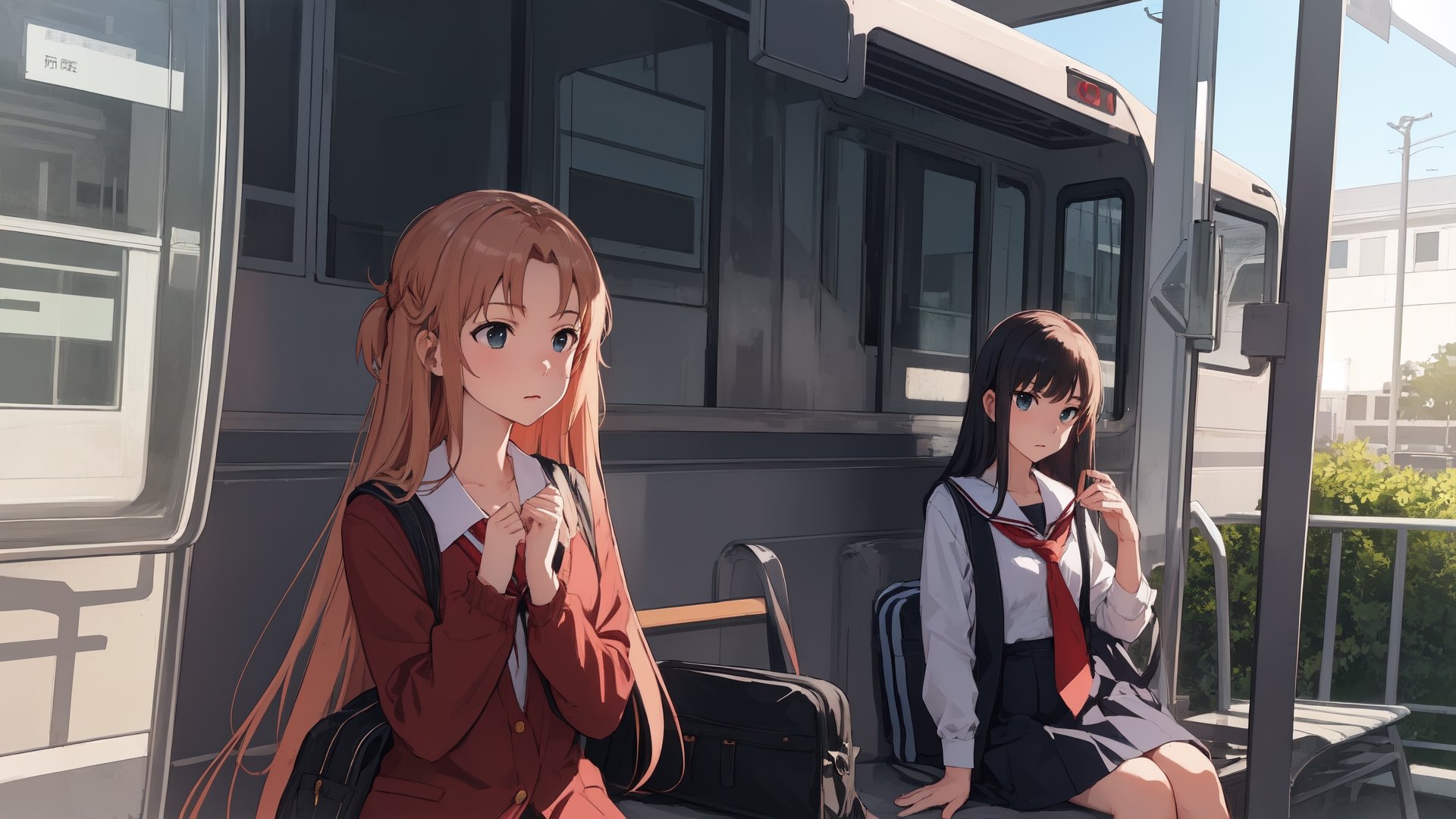 high_school_girl, SAM YANG, disheveled, aaasuna, perfect hands, , in a modern world, medium_breasts, school_uniforms, waiting fo bus, schoolbag, go to school